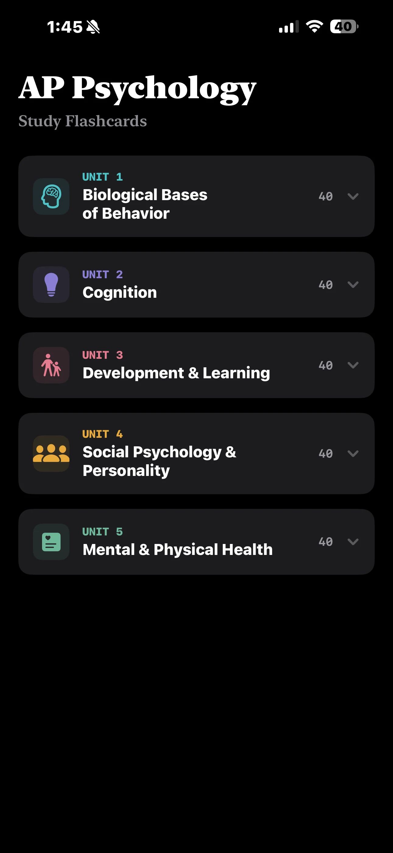 iPhone Screenshot - Units List Dark Mode