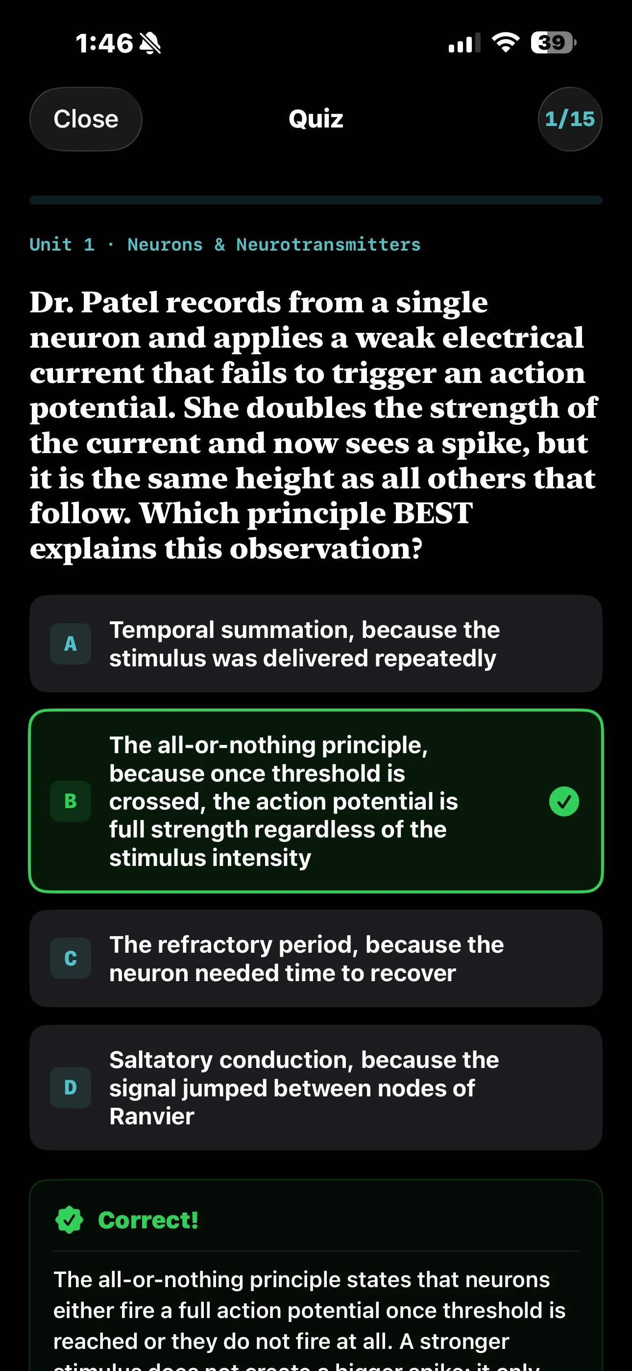 iPhone Screenshot - Quiz Answer Dark Mode