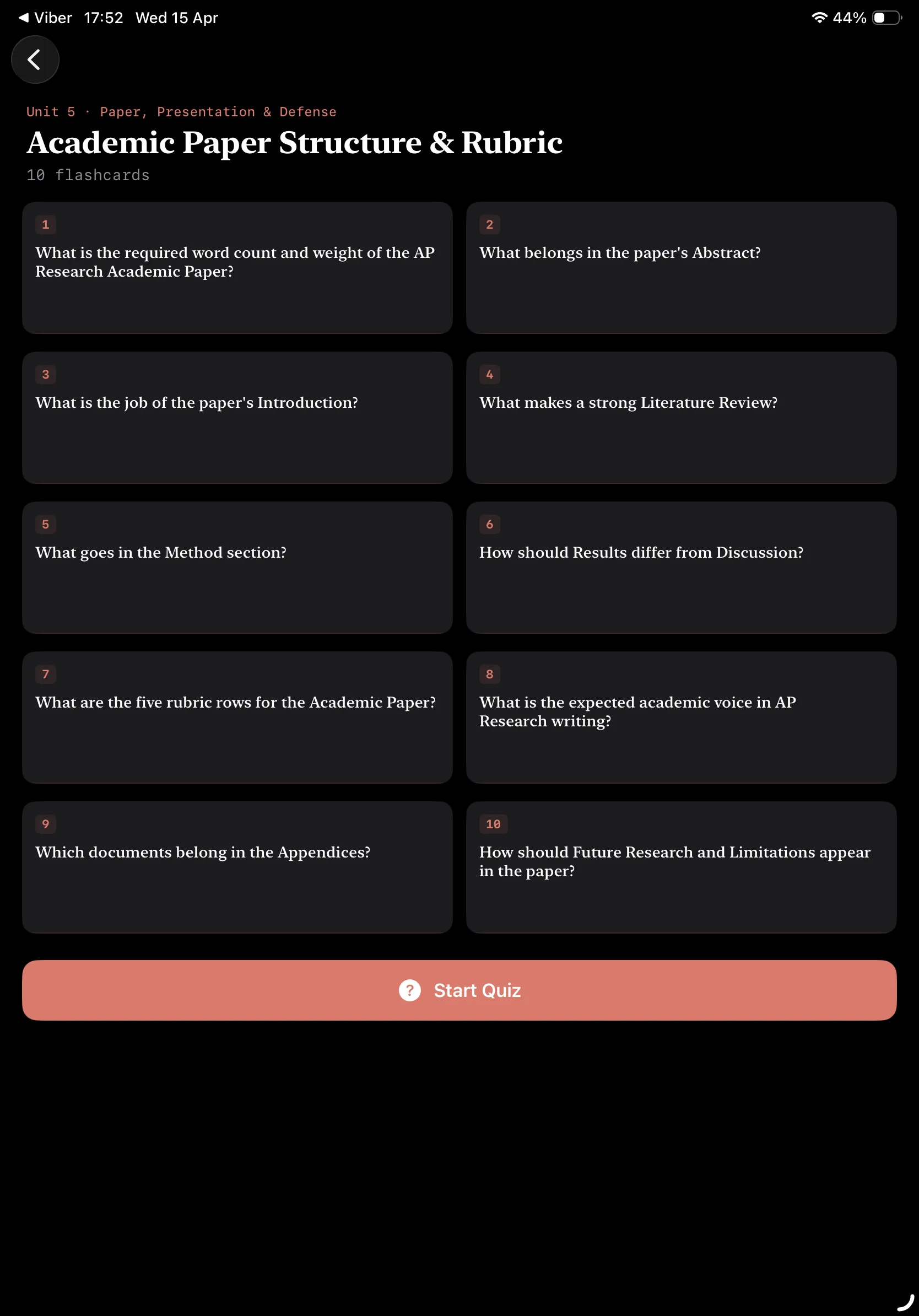 iPad Screenshot - Flashcard List Dark Mode
