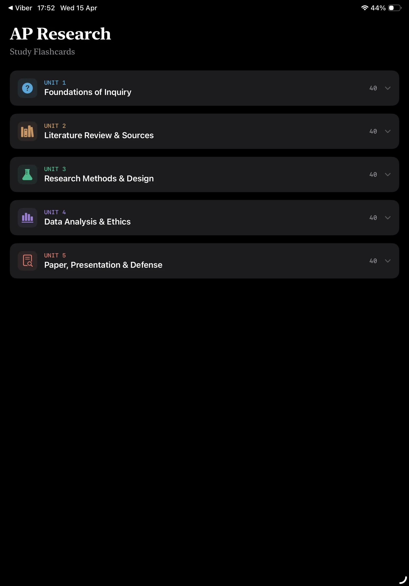 iPad Screenshot - Units List Dark Mode
