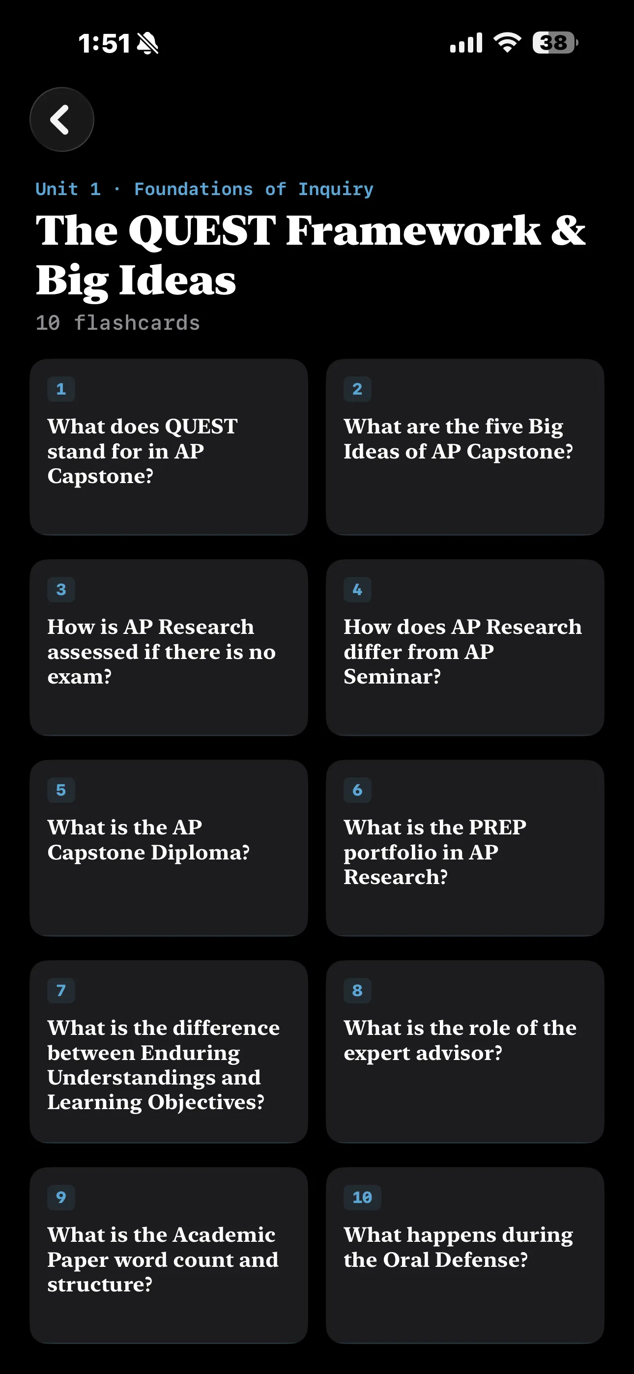 iPhone Screenshot - Flashcard List Dark Mode