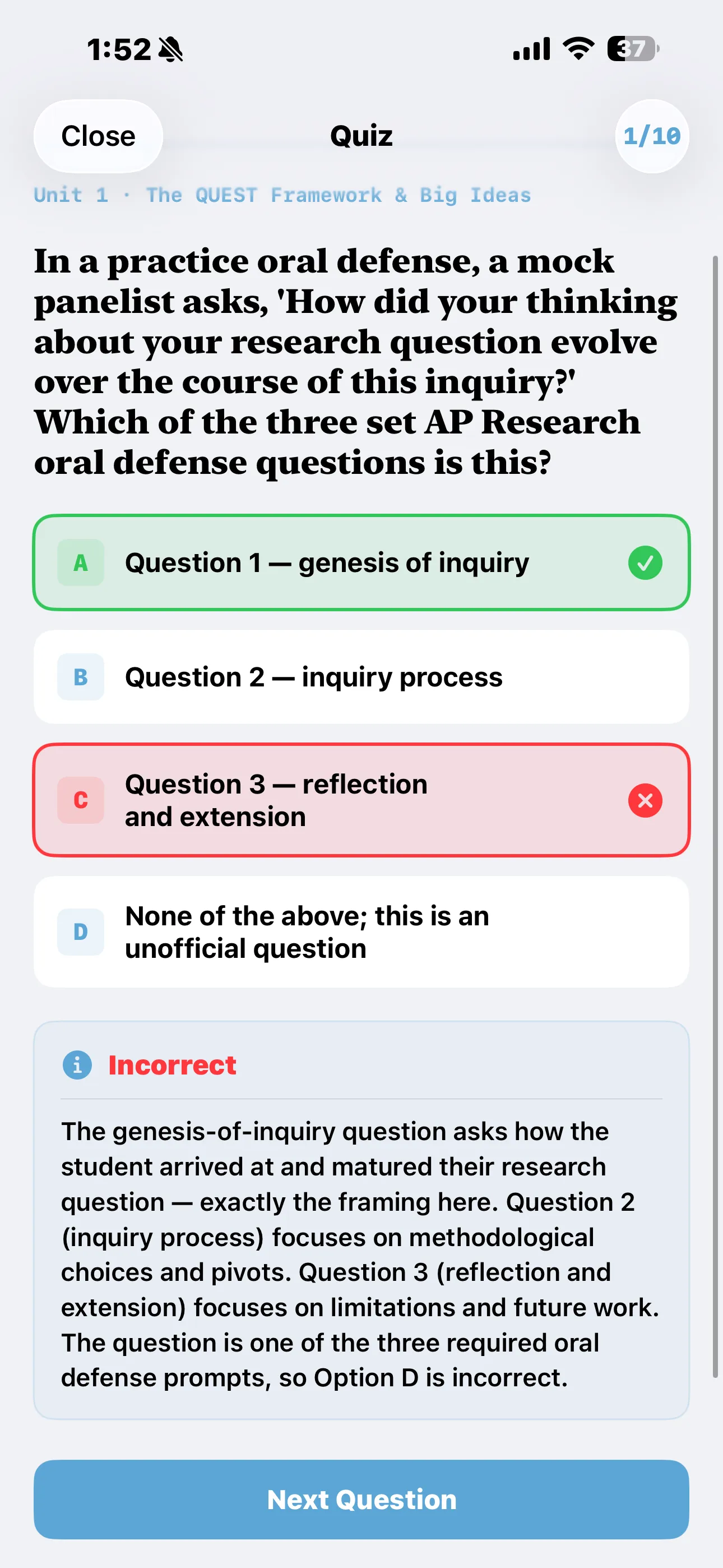 iPhone Screenshot - Quiz Answer with Explanation Light Mode