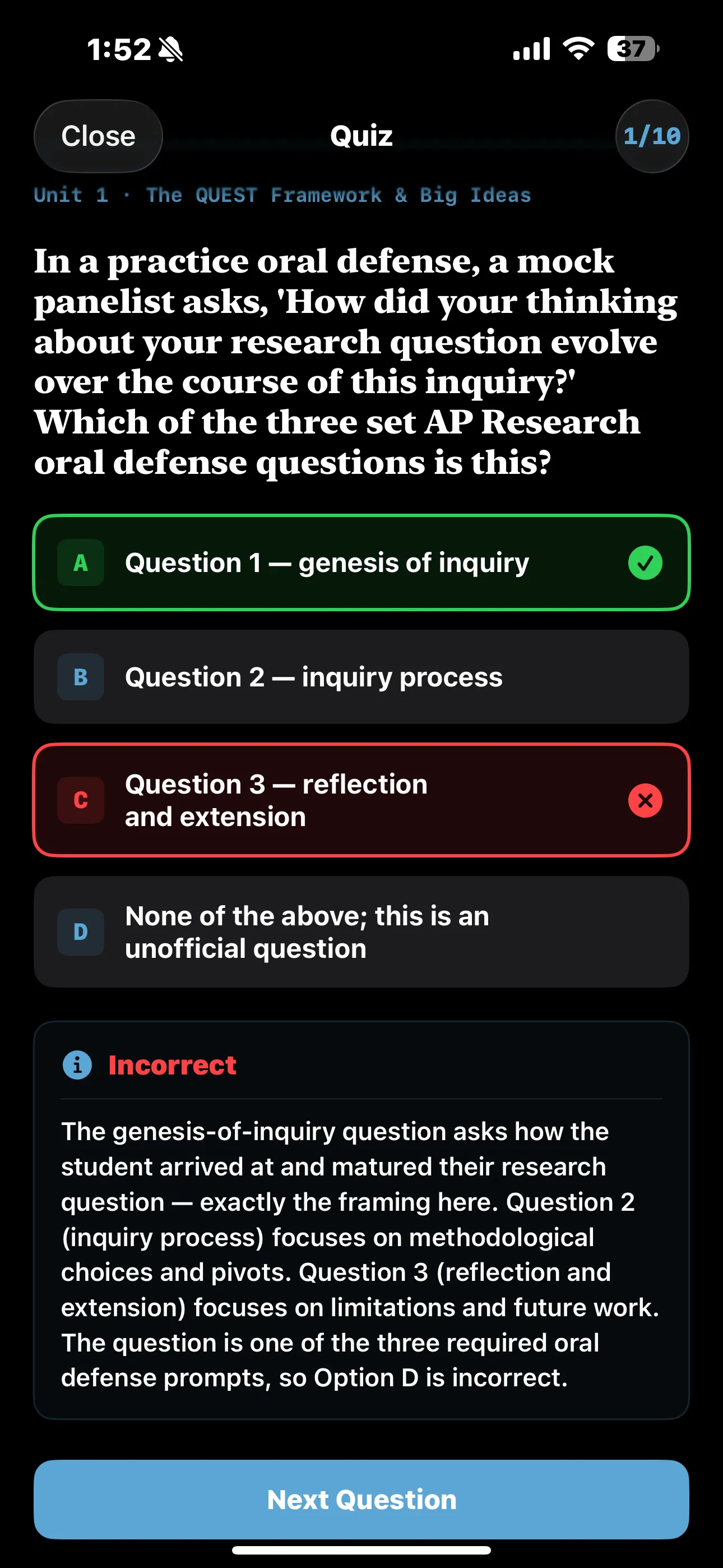 iPhone Screenshot - Quiz Answer with Explanation Dark Mode