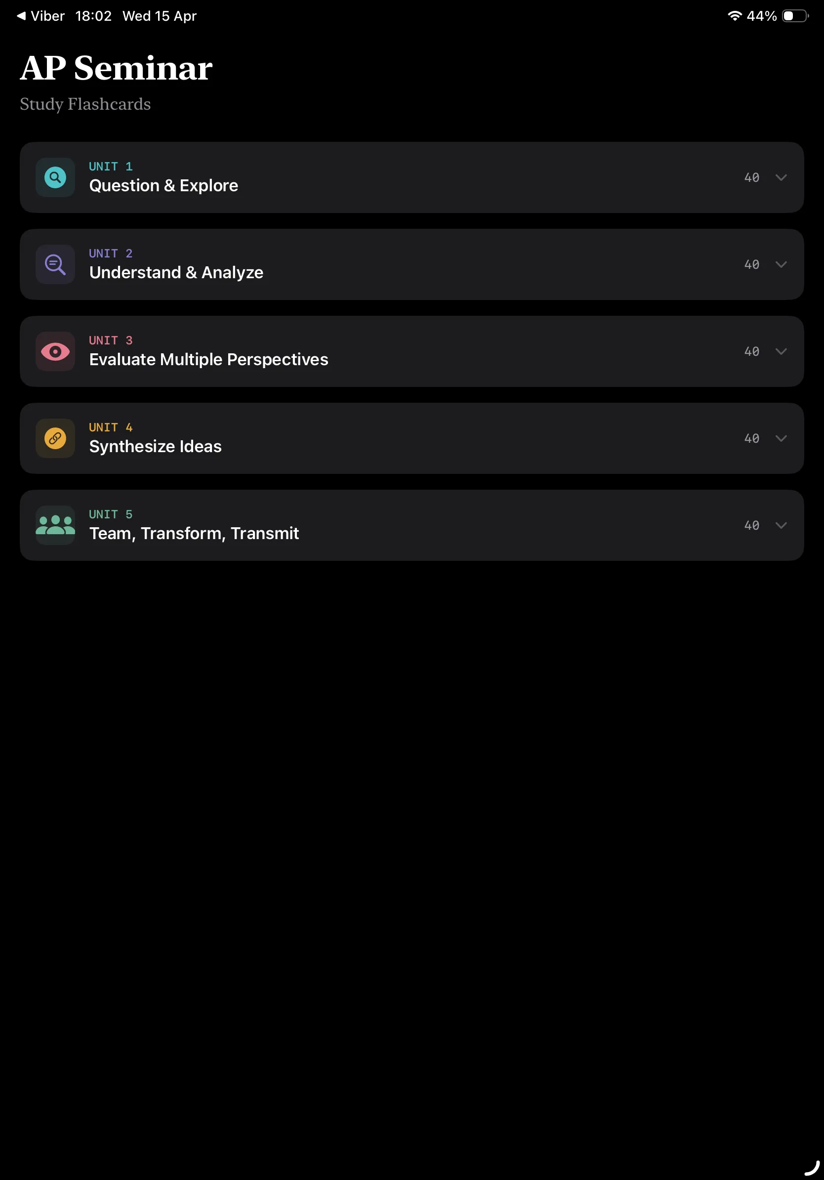 iPad Screenshot - Units List Dark Mode