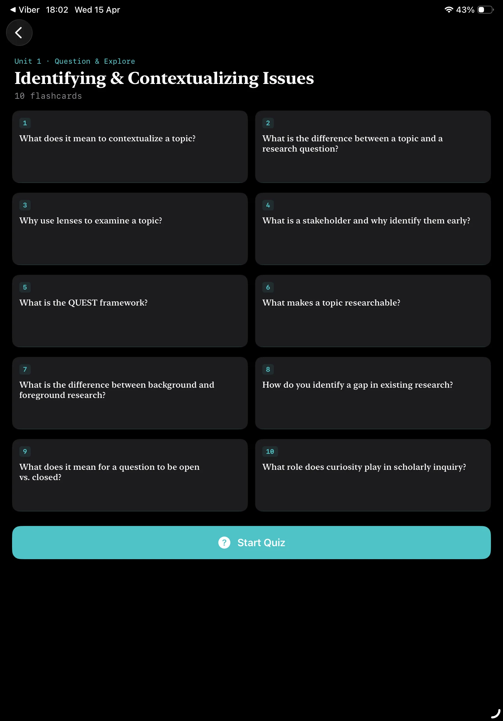 iPad Screenshot - Flashcard List Dark Mode