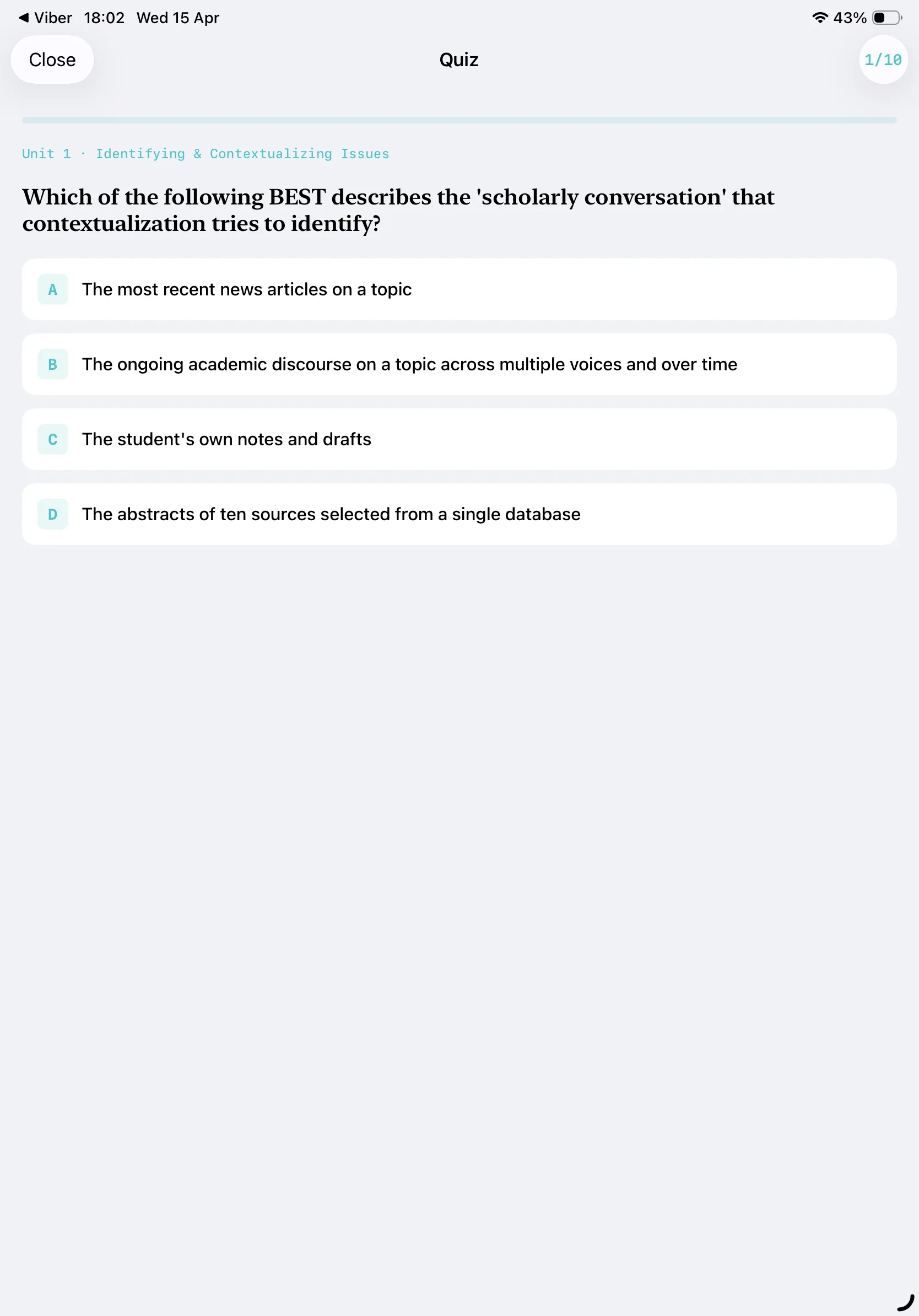 iPad Screenshot - Quiz Question Light Mode
