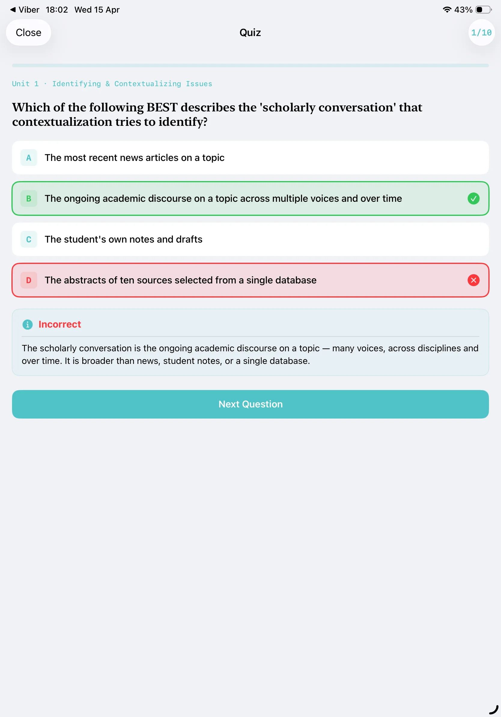 iPad Screenshot - Quiz Answer Light Mode