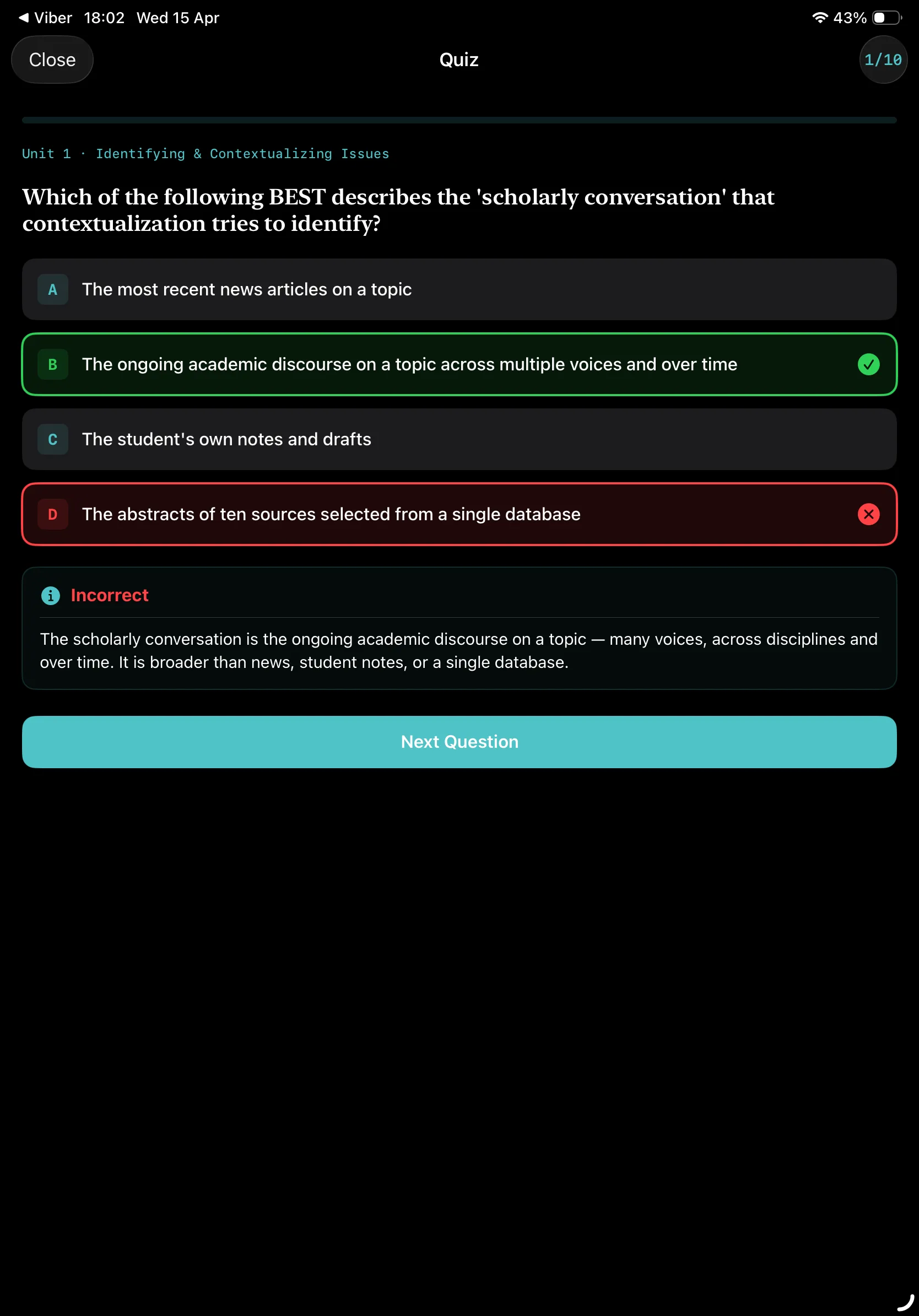 iPad Screenshot - Quiz Answer Dark Mode