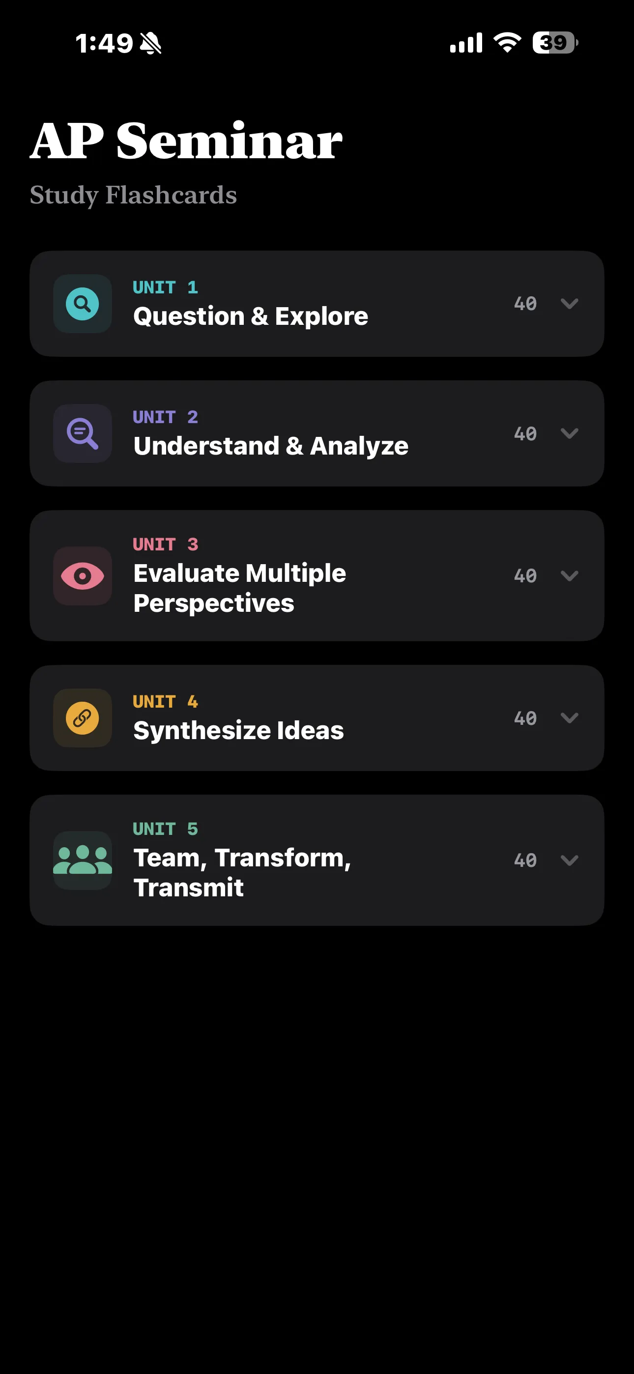 iPhone Screenshot - Units List Dark Mode