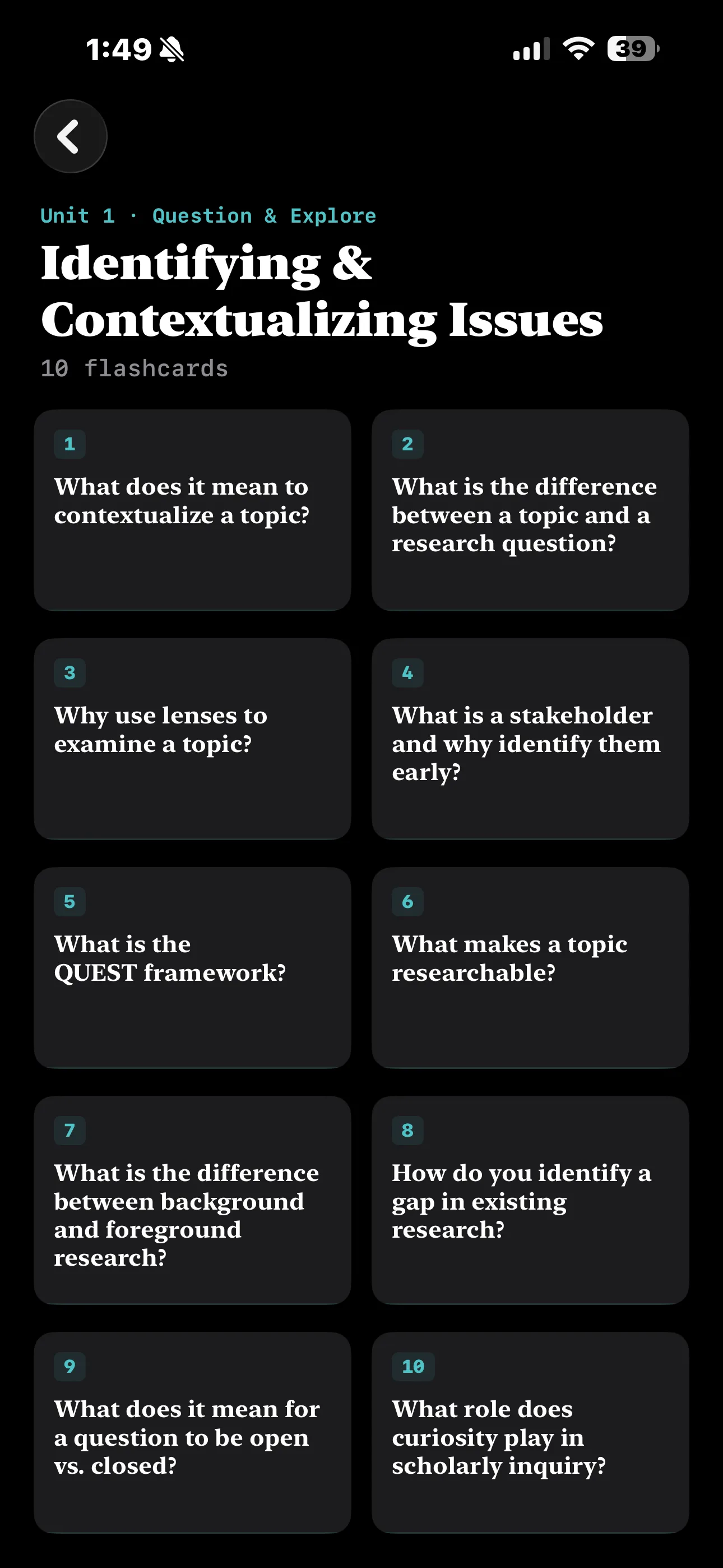 iPhone Screenshot - Flashcard List Dark Mode