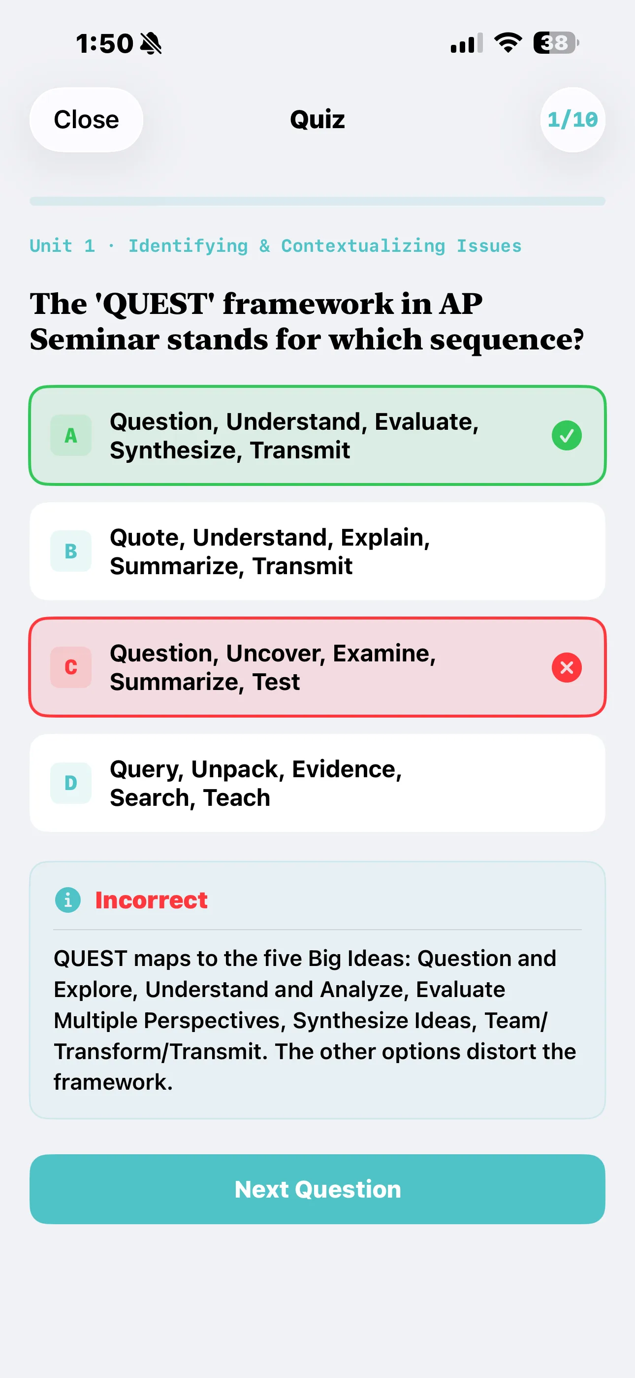 iPhone Screenshot - Quiz Answer Light Mode