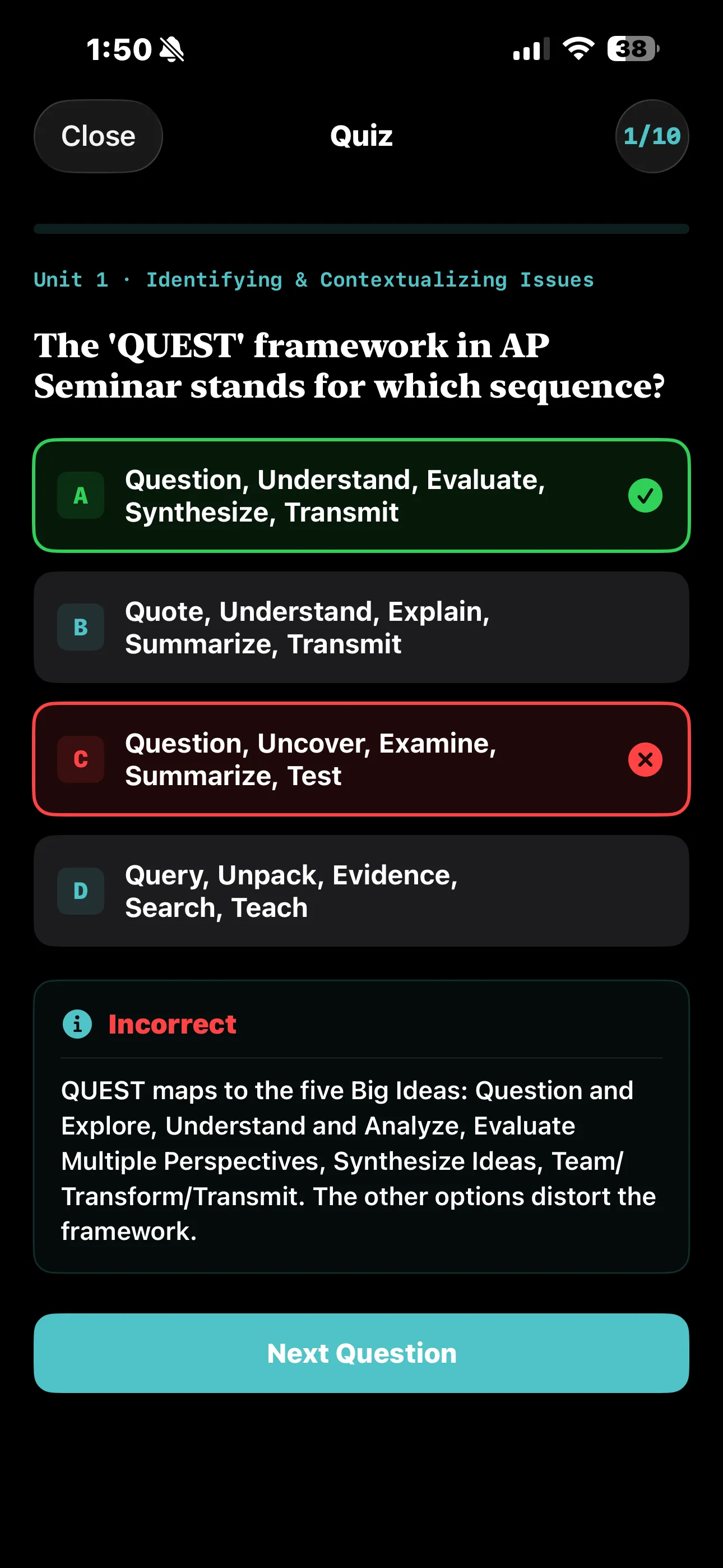 iPhone Screenshot - Quiz Answer Dark Mode