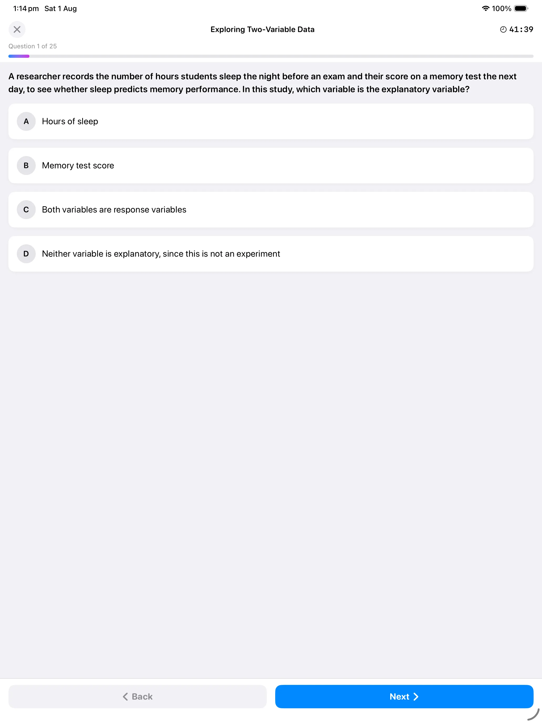 A quiz question on iPad with four options and the countdown timer in the corner