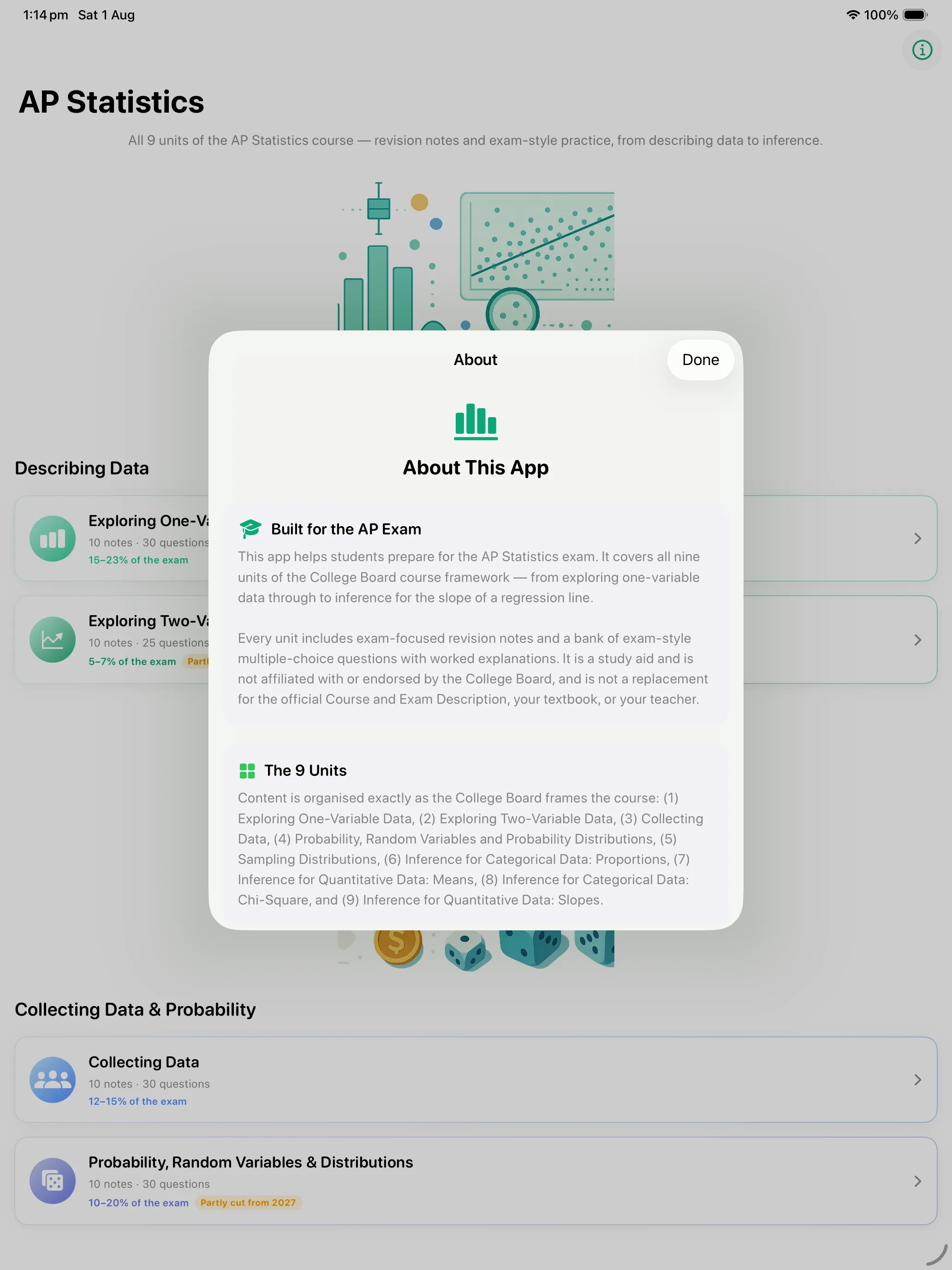 The About This App sheet on iPad explaining the nine units of the course