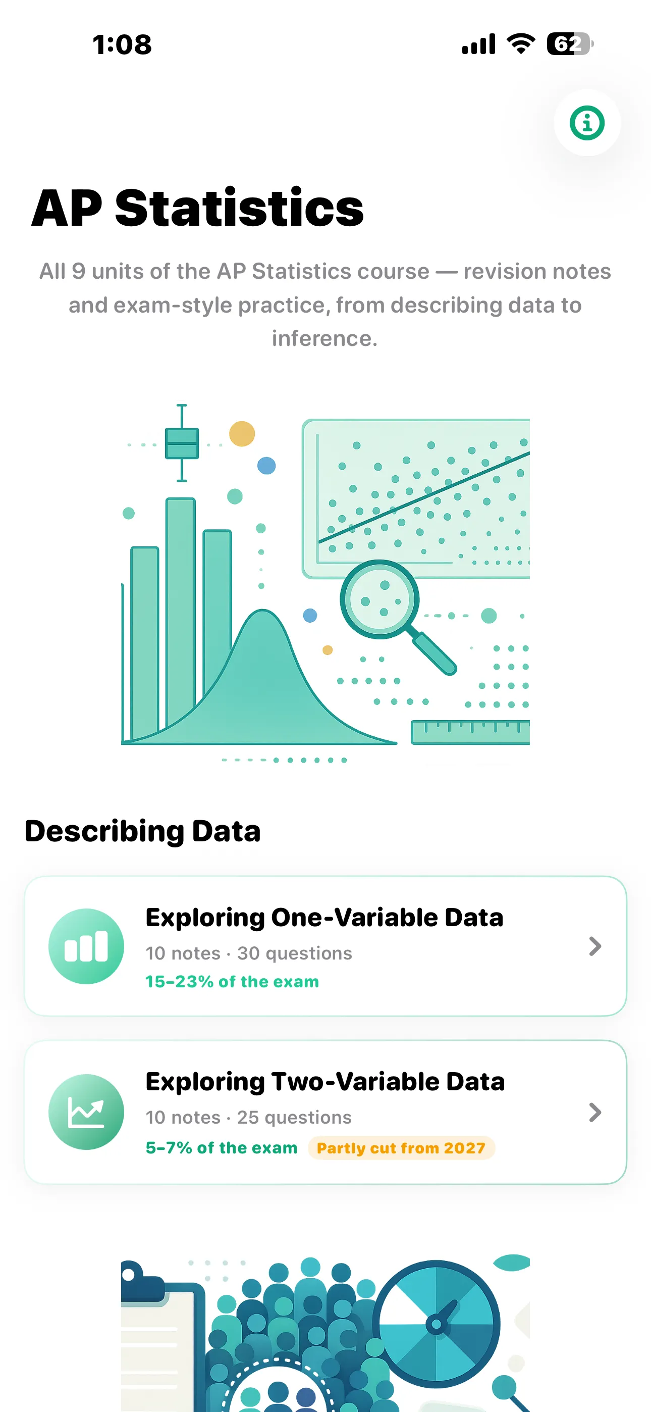 The AP Statistics home screen showing the Describing Data group with Exploring One-Variable Data and Exploring Two-Variable Data, both open