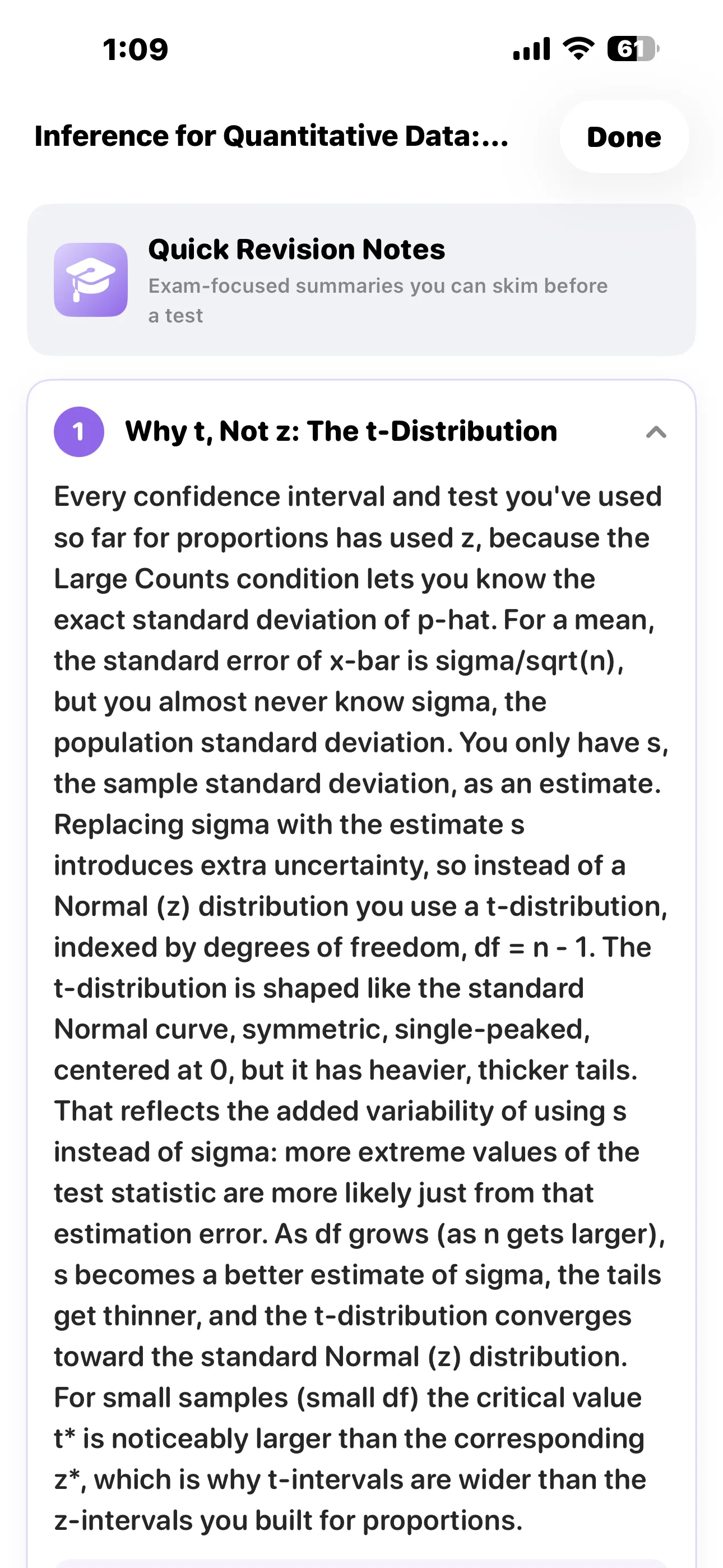An opened revision note explaining why the t-distribution is used instead of z
