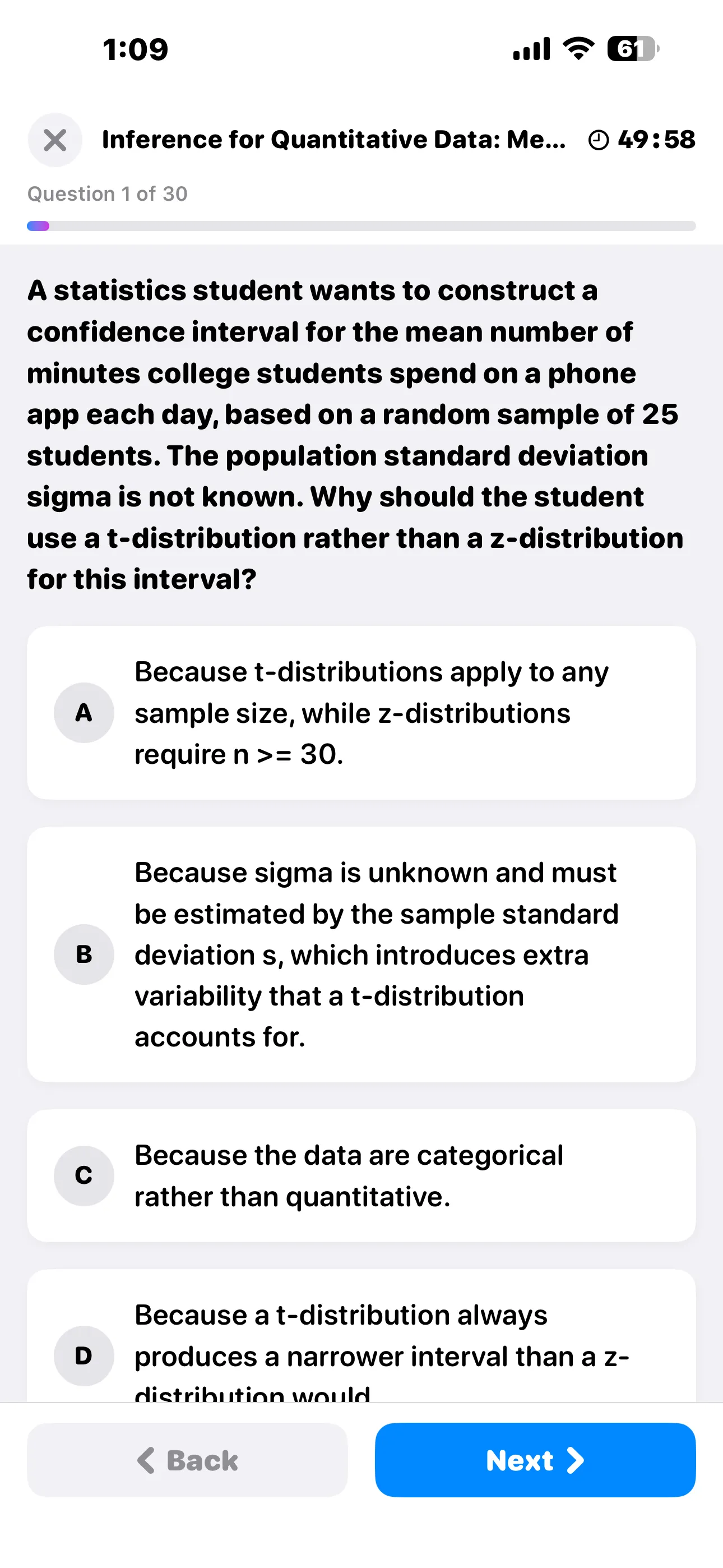 Question 1 of 30 on choosing between t and z, with four answer options and a countdown timer
