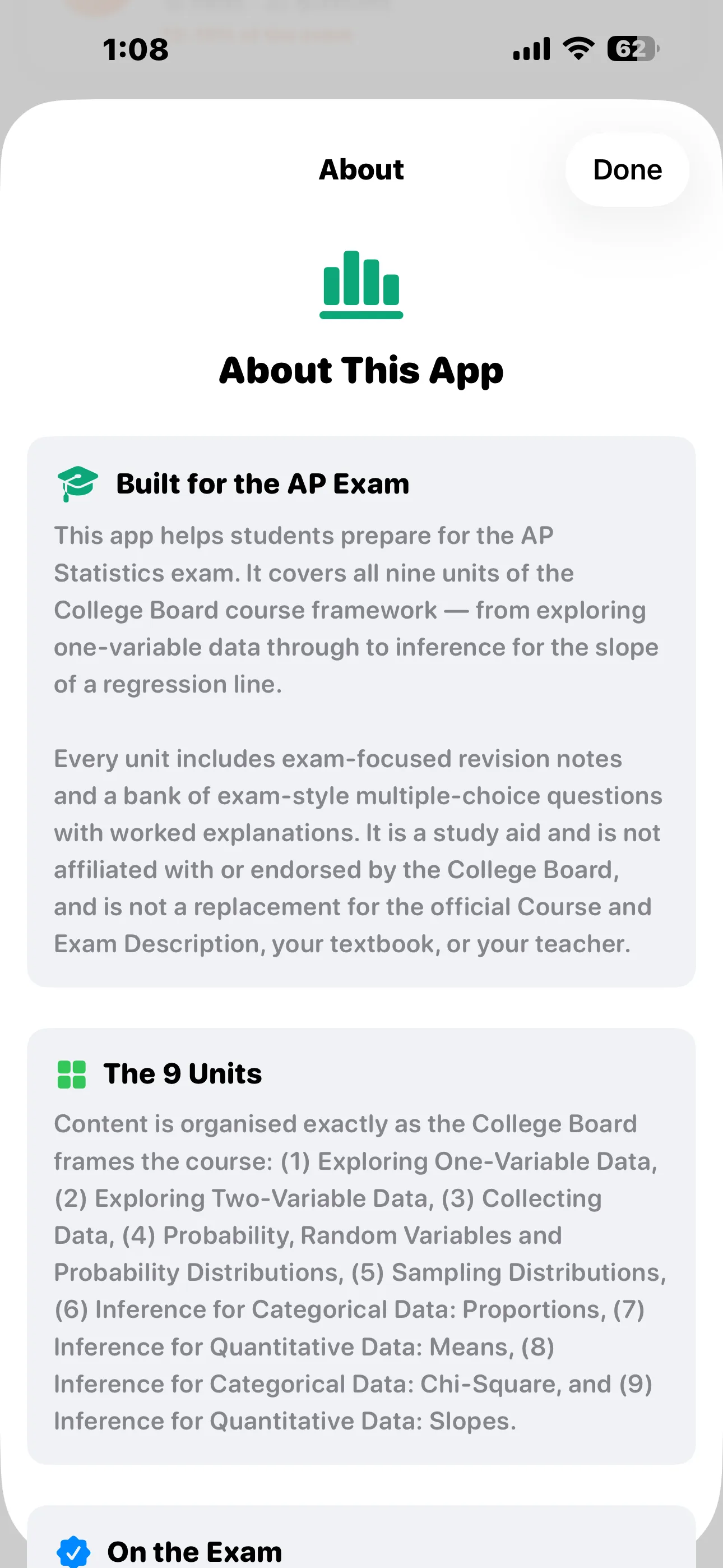 The About This App screen explaining that the app is built for the AP exam and listing the nine units