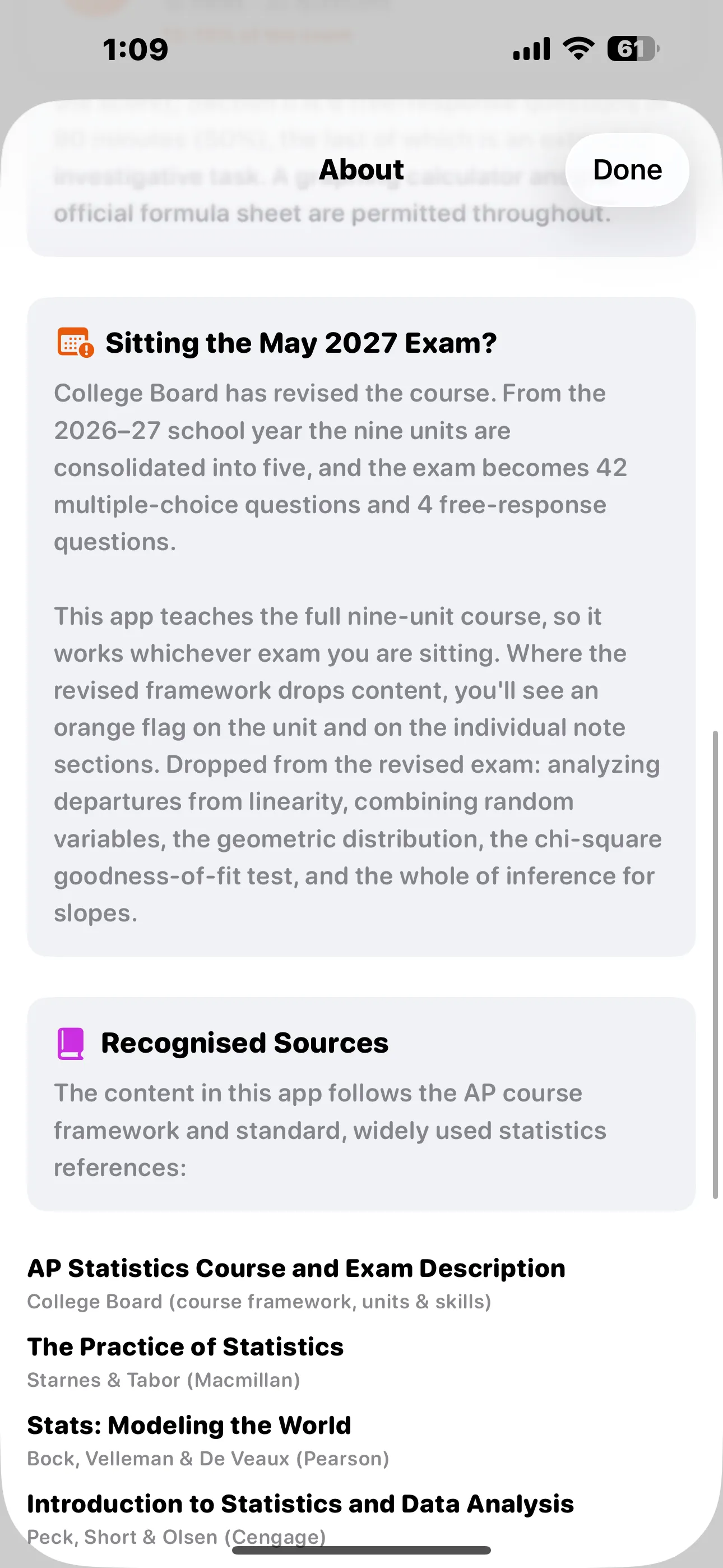 The About screen section on sitting the May 2027 exam, followed by the list of recognised sources