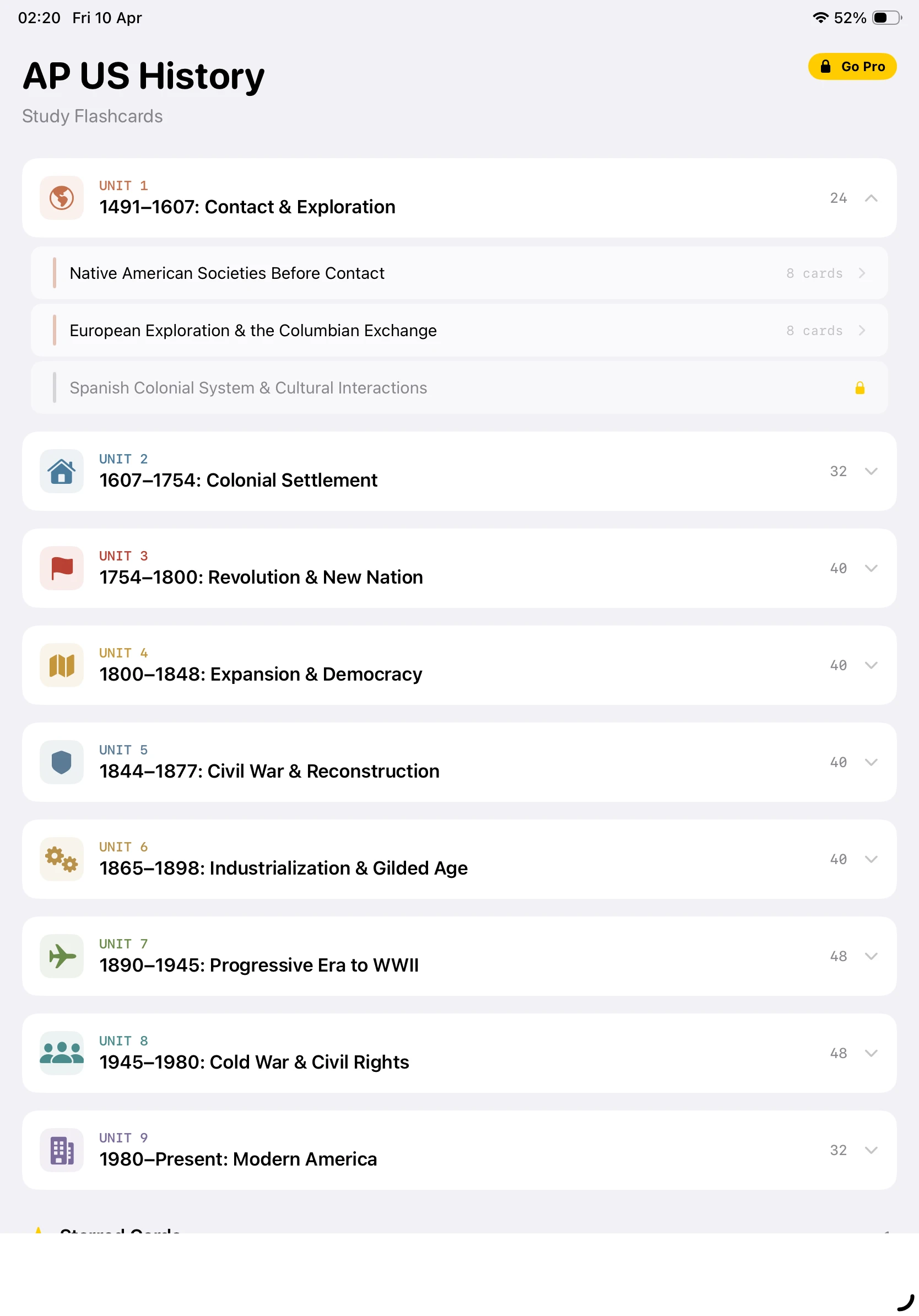 iPad Screenshot - APUSH Units List Expanded