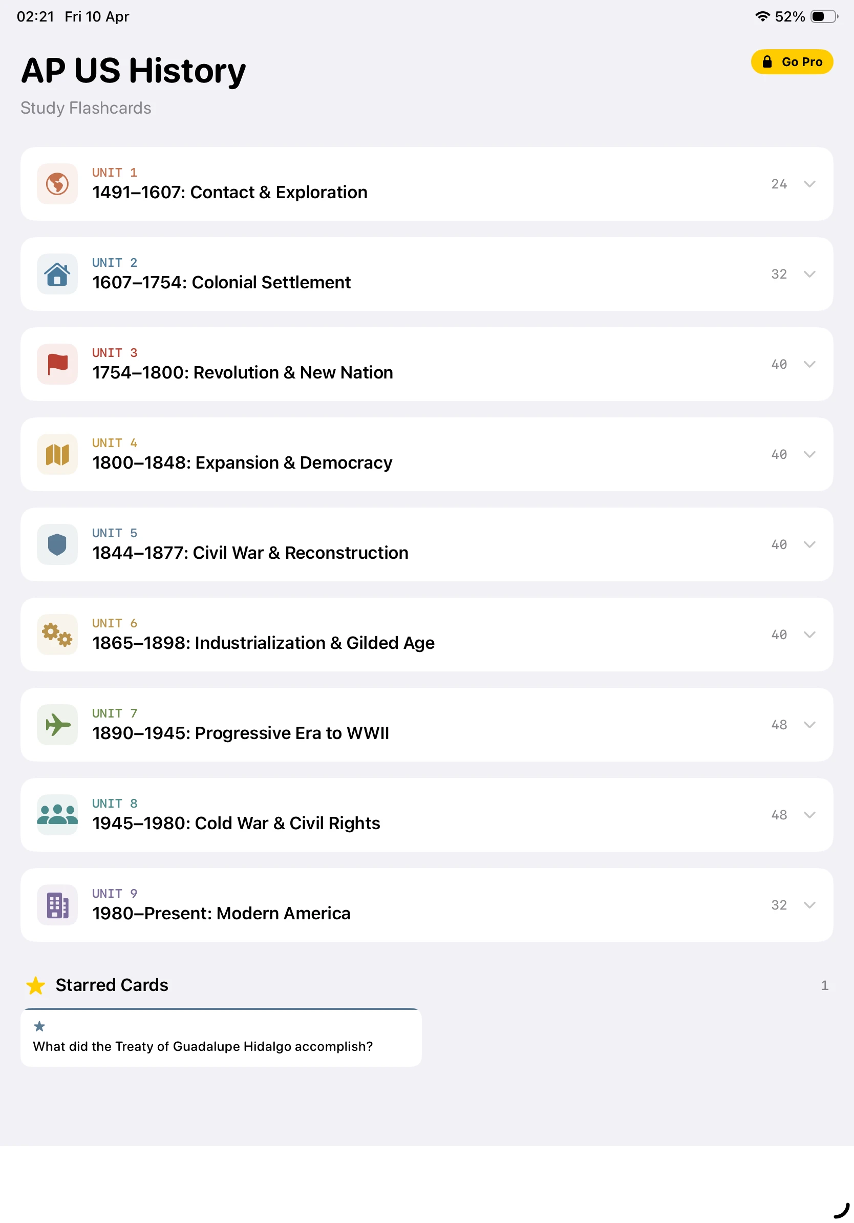 iPad Screenshot - APUSH Units List
