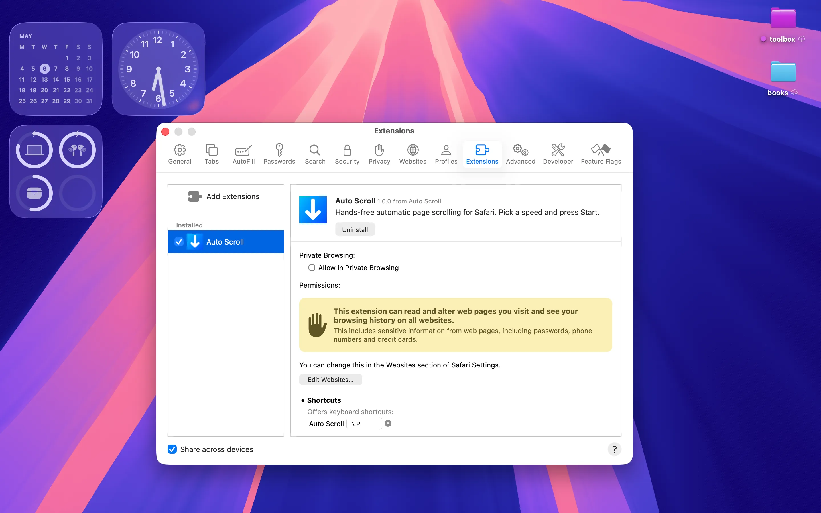 Safari Extensions settings panel with Auto Scroll enabled, showing version, description, Allow in Private Browsing toggle, permission notice, and the Control-F keyboard shortcut