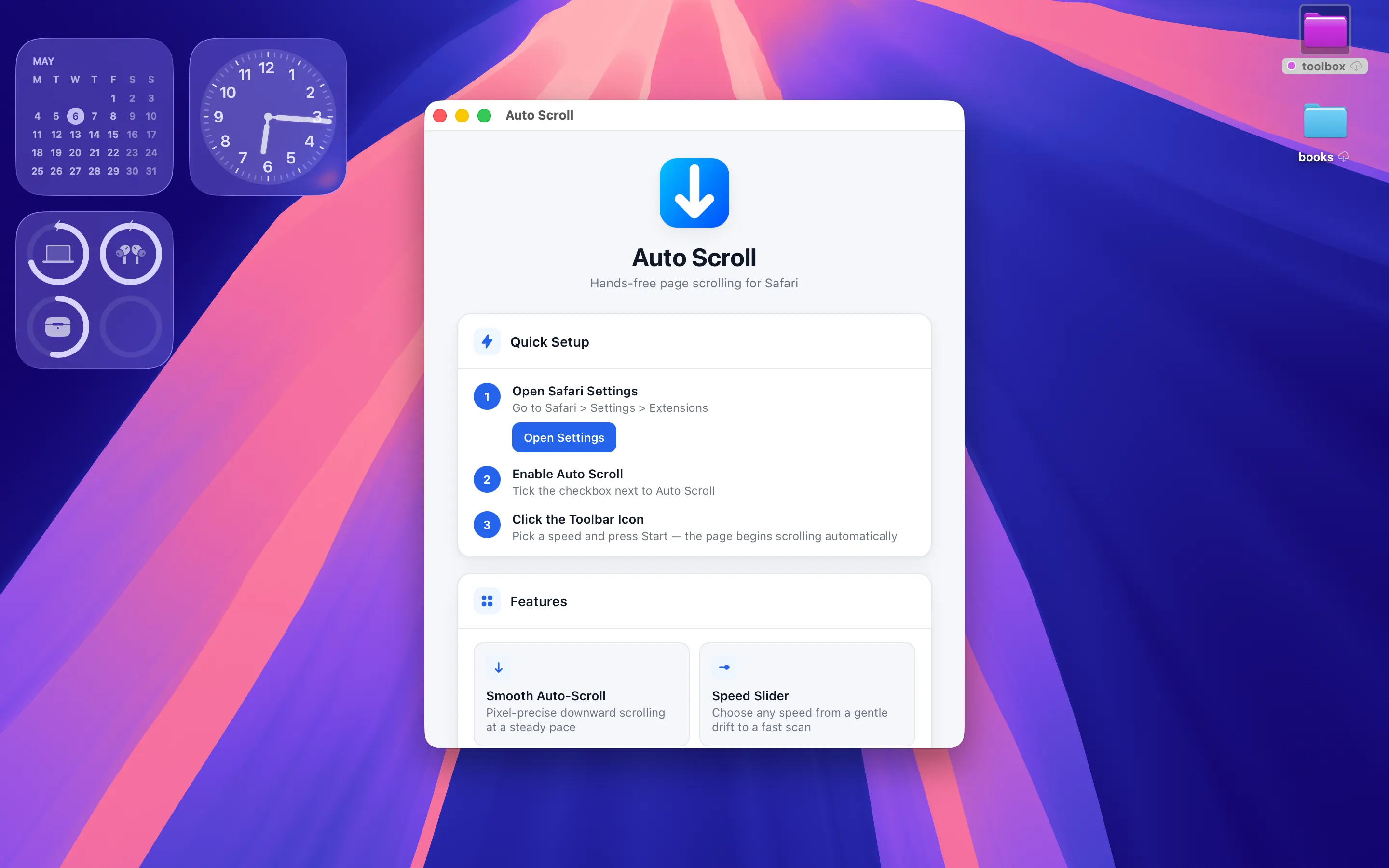 Auto Scroll Mac app showing the icon, hands-free page scrolling tagline, and the three Quick Setup steps with an Open Settings button