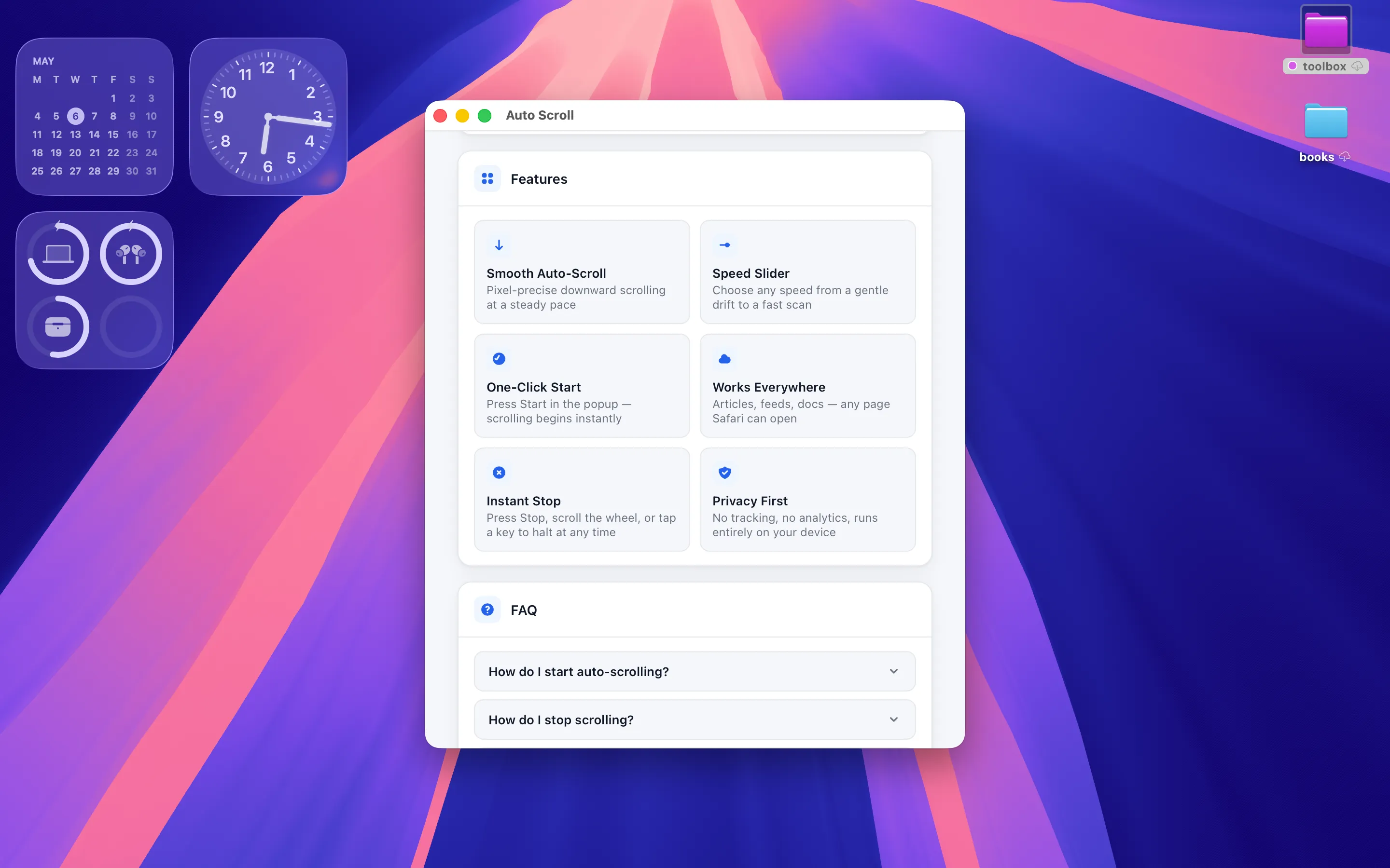 Auto Scroll Mac app showing the Features grid with Smooth Auto-Scroll, Speed Slider, One-Click Start, Works Everywhere, Instant Stop, and Privacy First, plus an FAQ section