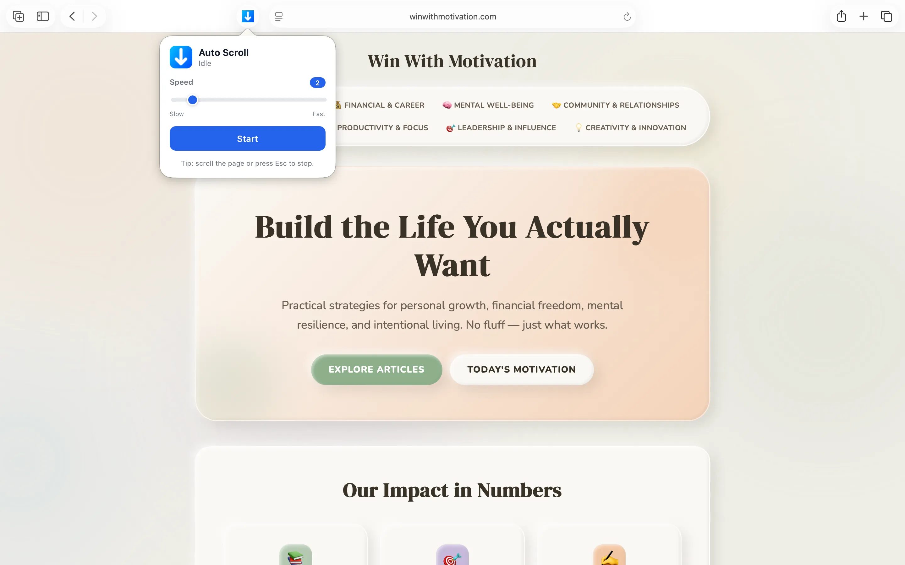 Auto Scroll popup in Safari toolbar showing Idle status, Speed slider, and a blue Start button, with a tip to scroll the page or press Esc to stop