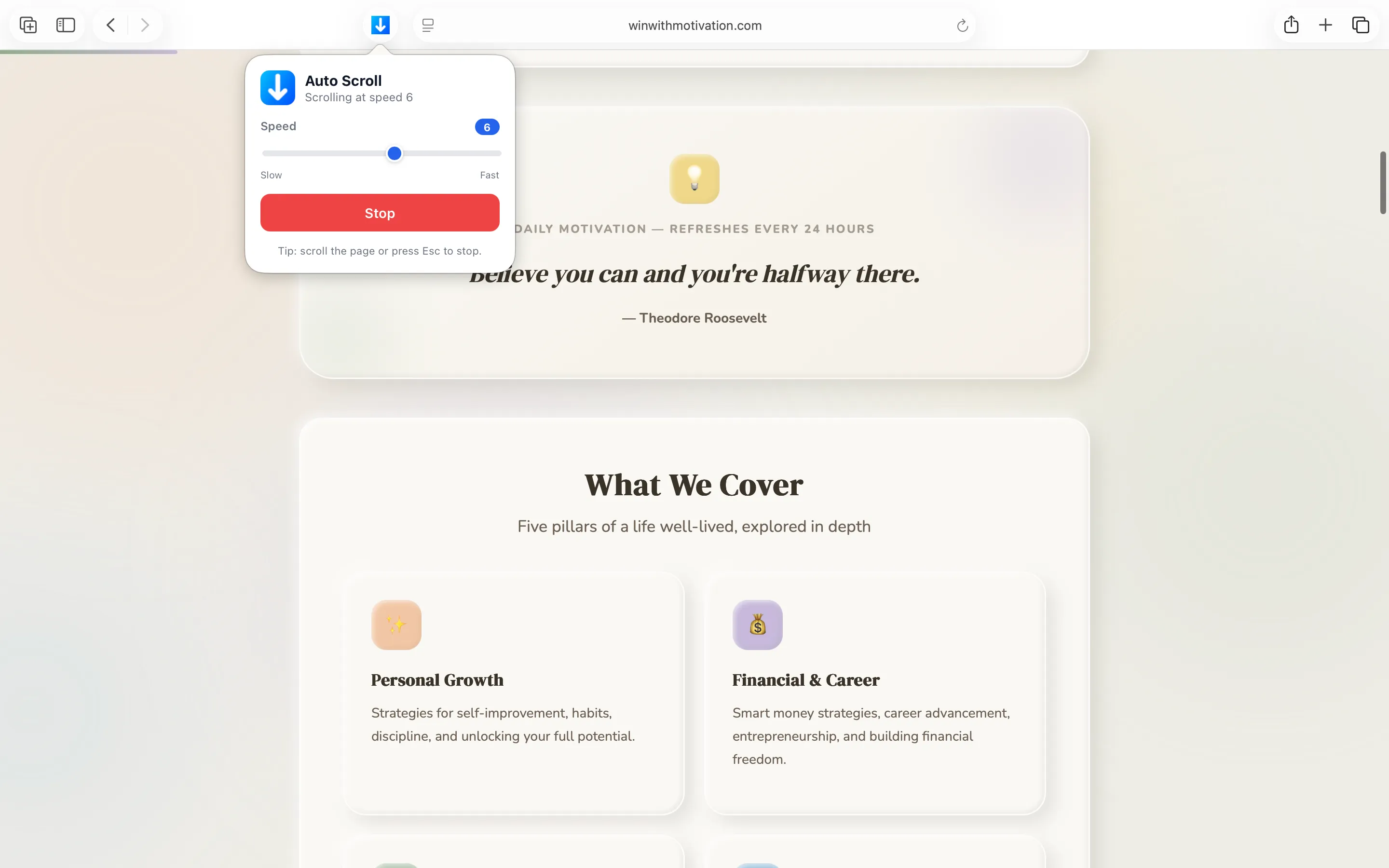 Auto Scroll popup with status Scrolling at speed 8, slider near the right, and a red Stop button, while a web page scrolls behind it