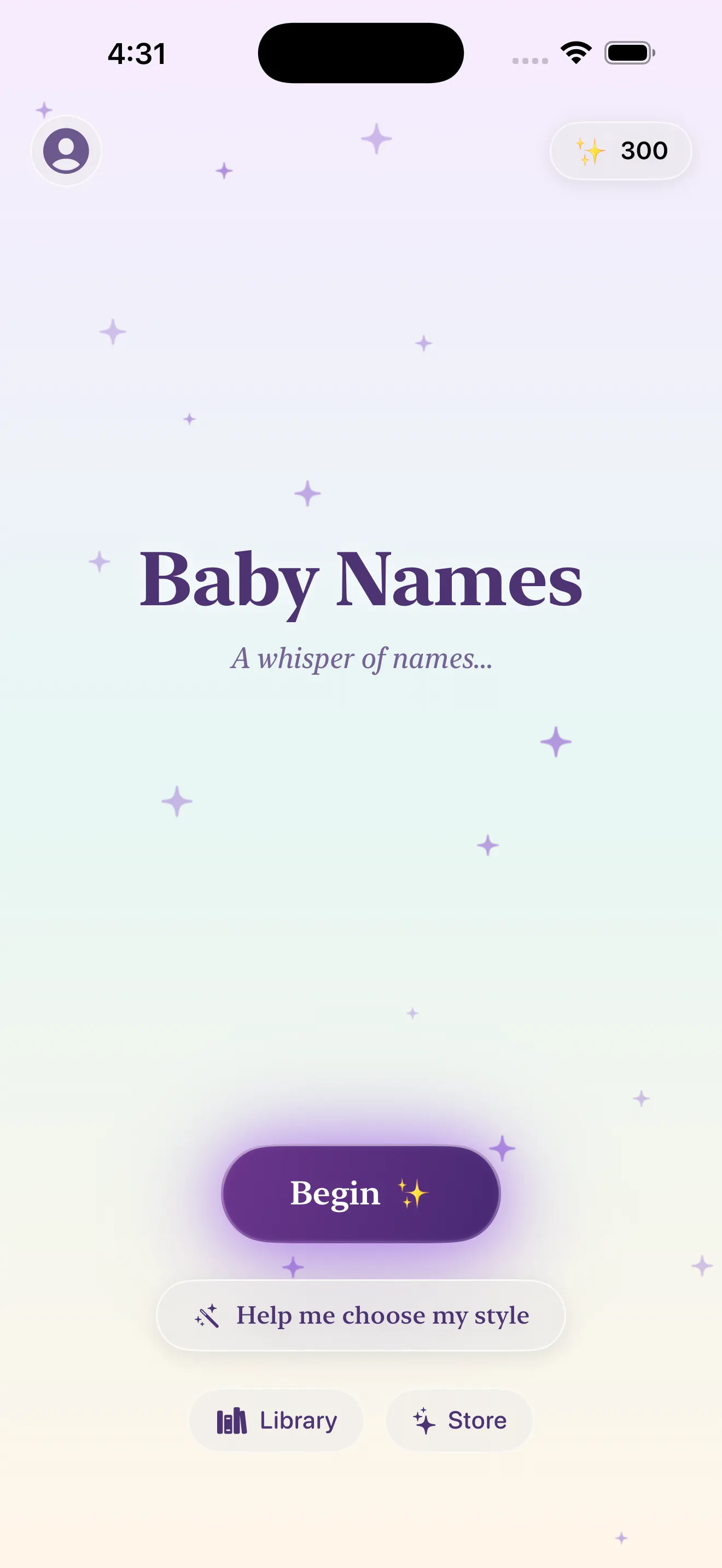 Baby Names home screen with Begin button and Magic Coins balance