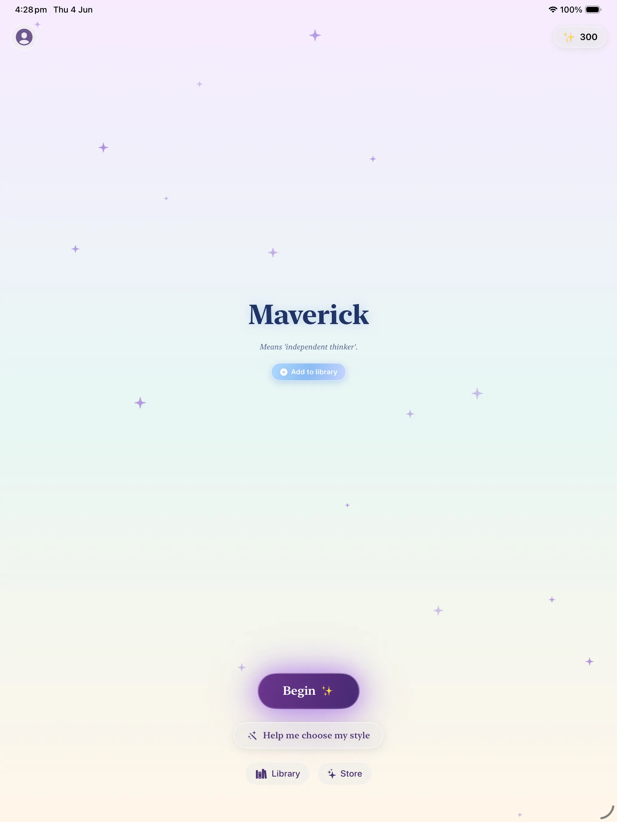 A revealed name, Maverick, with its meaning and an Add to library button on iPad