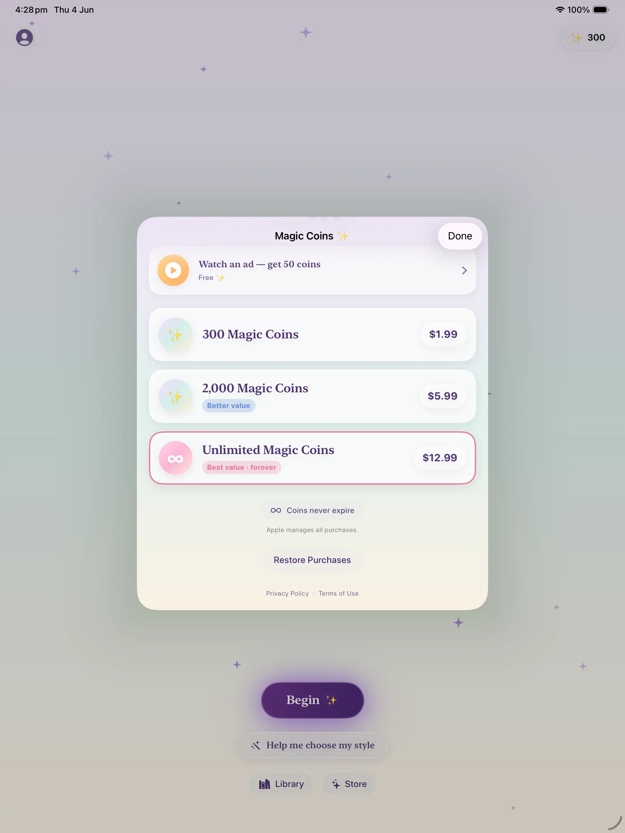 Magic Coins store on iPad with coin packs and Watch an ad option