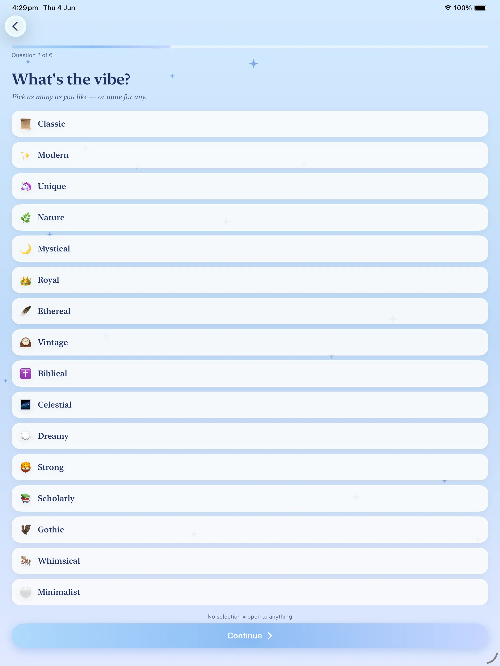 Choosing the vibe on iPad with a long list of styles