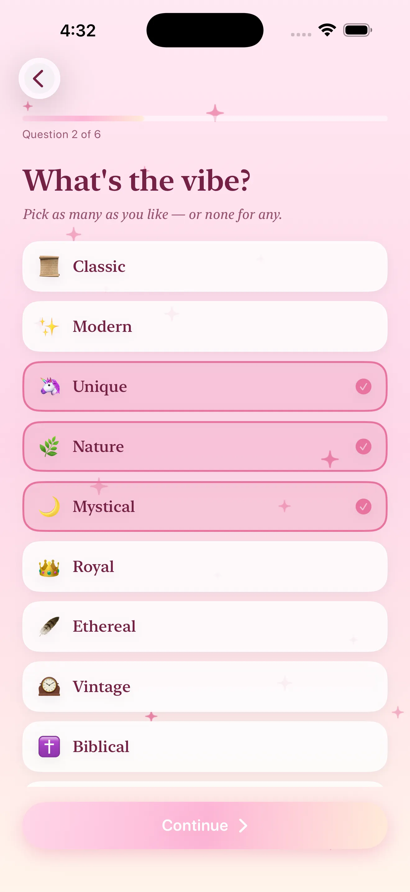 Question two: what's the vibe with options like Unique, Nature and Mystical