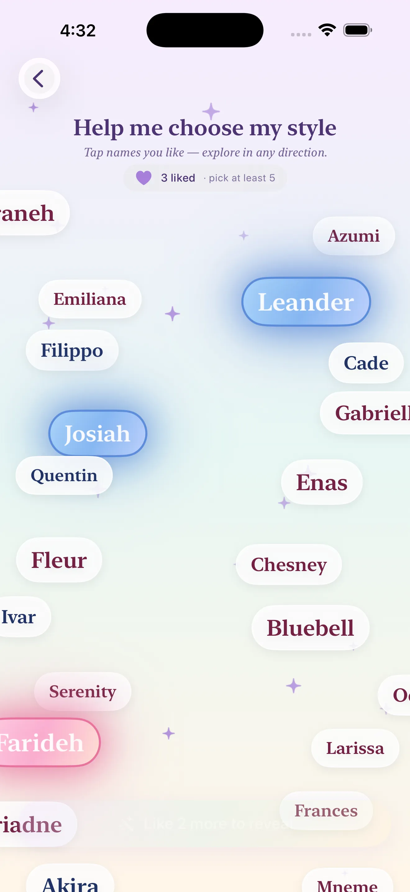 Help me choose my style name cloud with tappable floating names