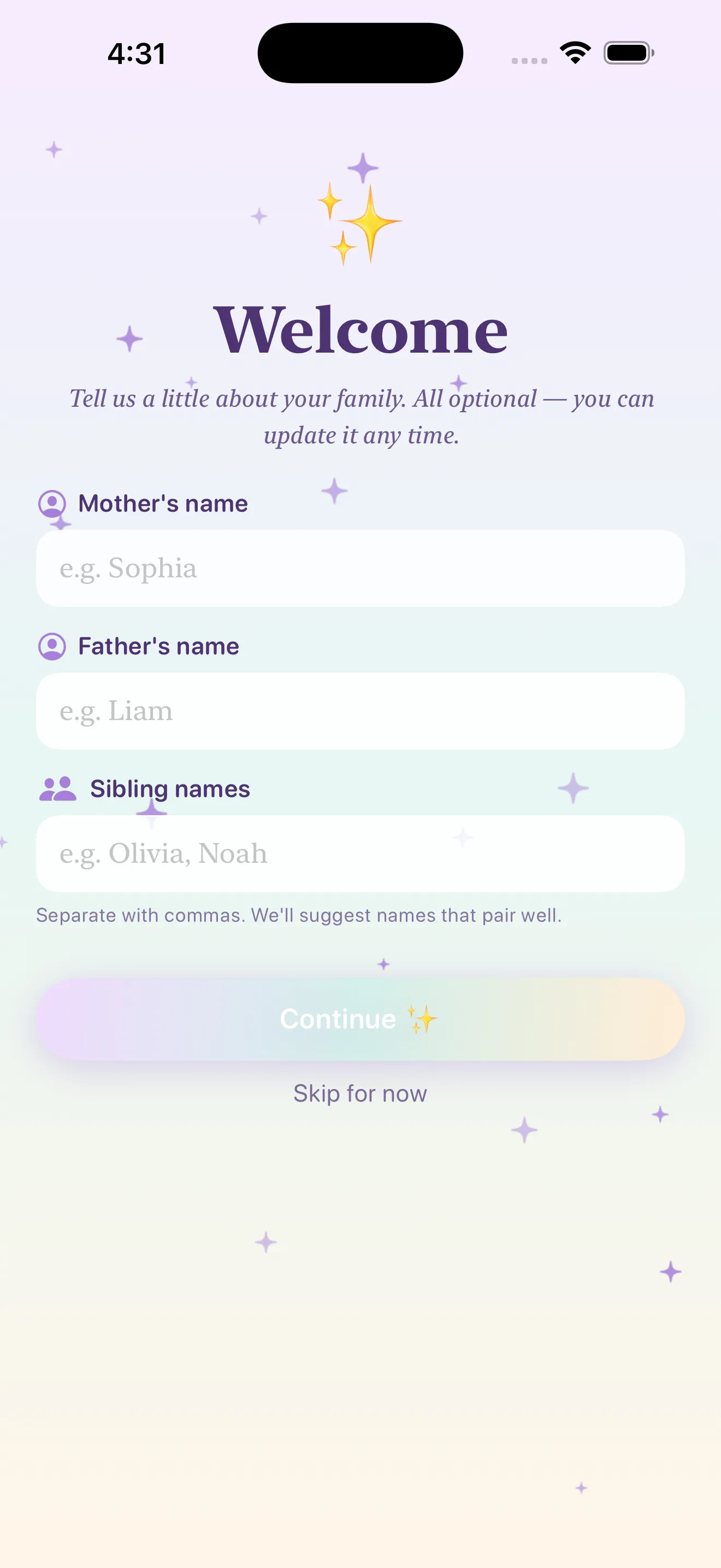 Welcome onboarding asking for mother, father and sibling names