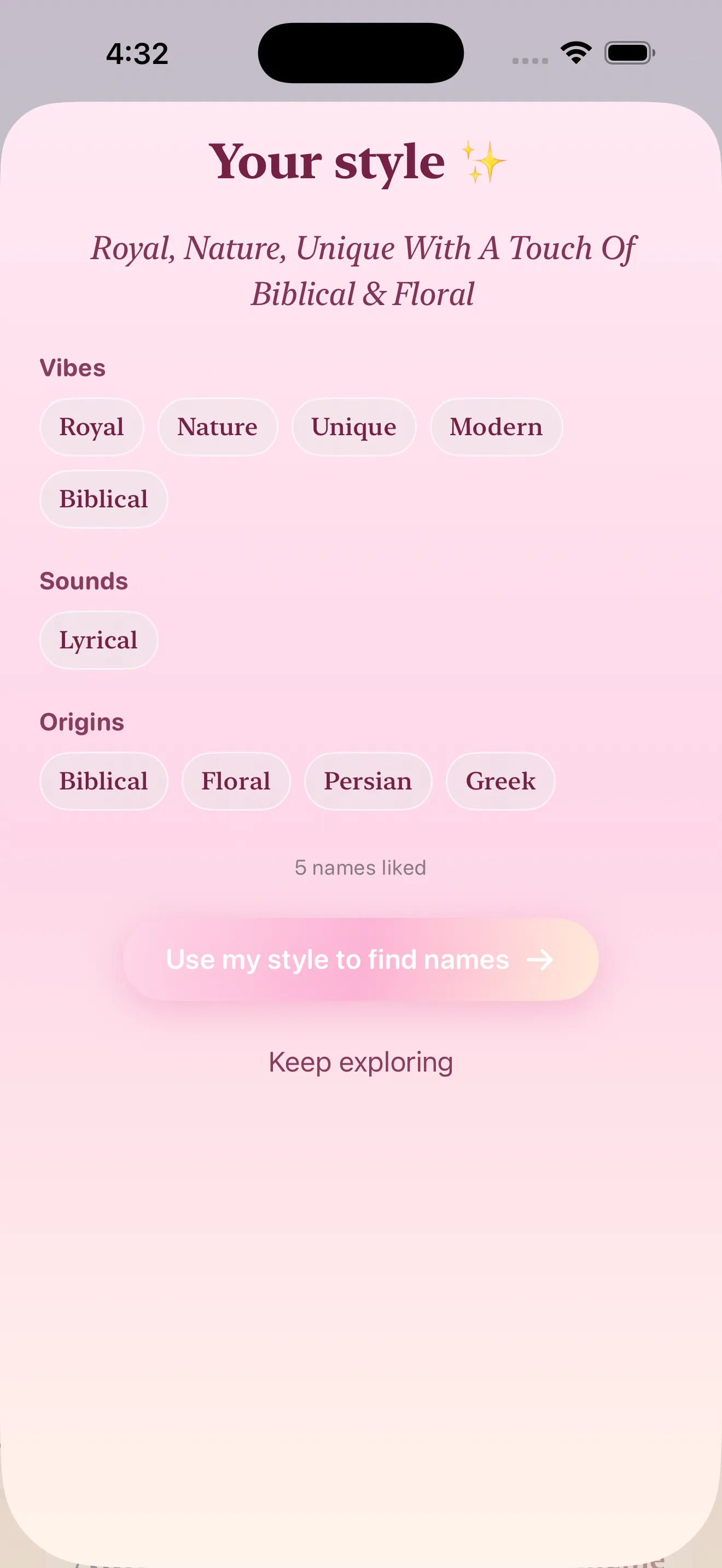 Your style summary showing vibes, sounds and origins distilled from liked names