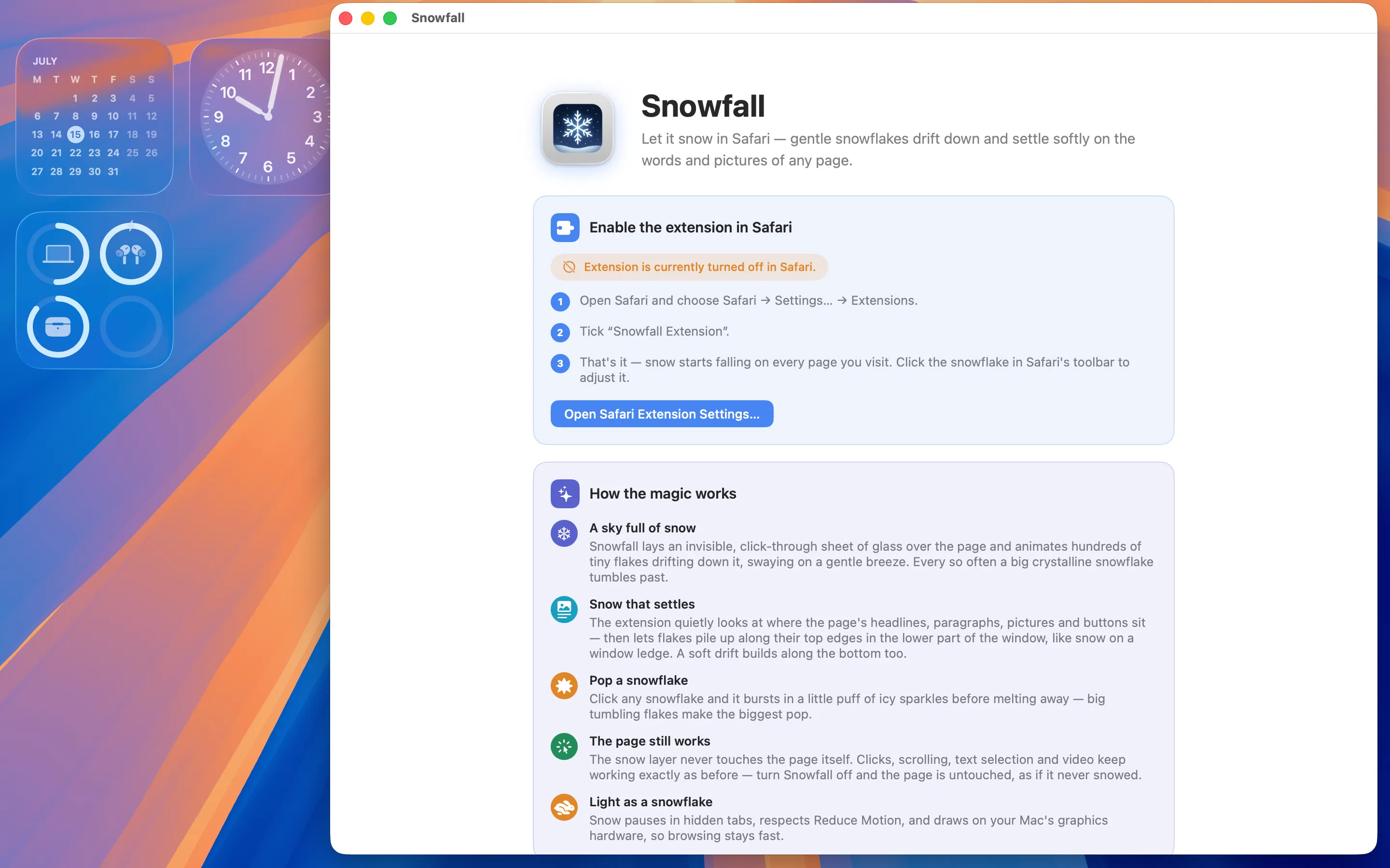 The Snow on my tabs Mac app window showing steps to enable the extension in Safari and a How the magic works overview