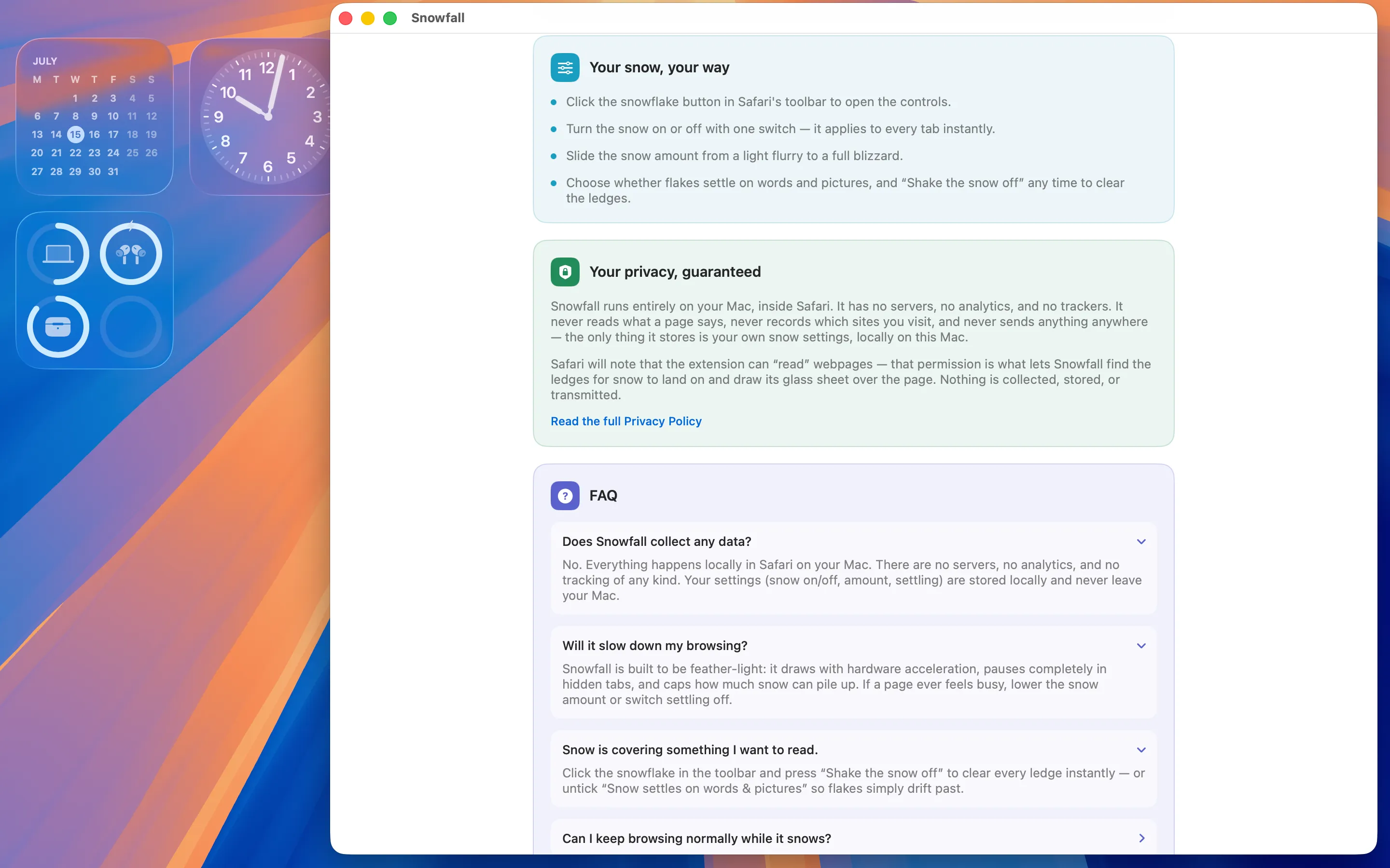 The Snow on my tabs Mac app window explaining how the controls work, its privacy guarantee, and frequently asked questions