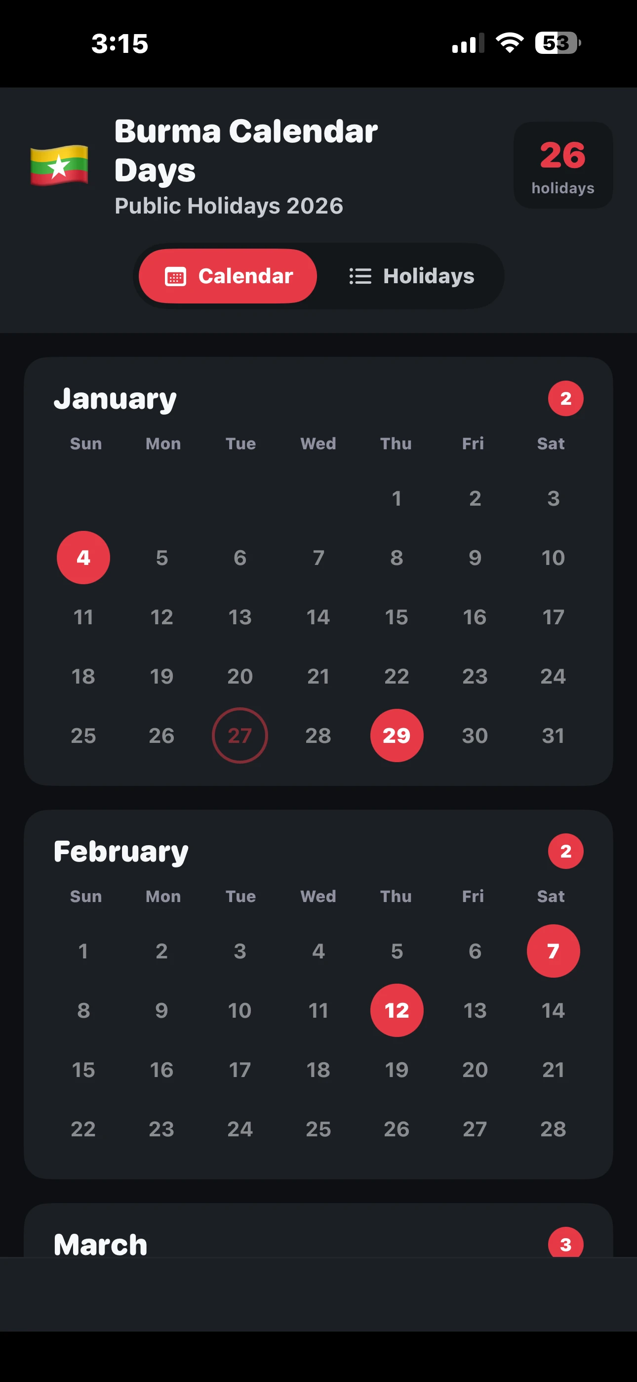 Calendar View - Dark Mode