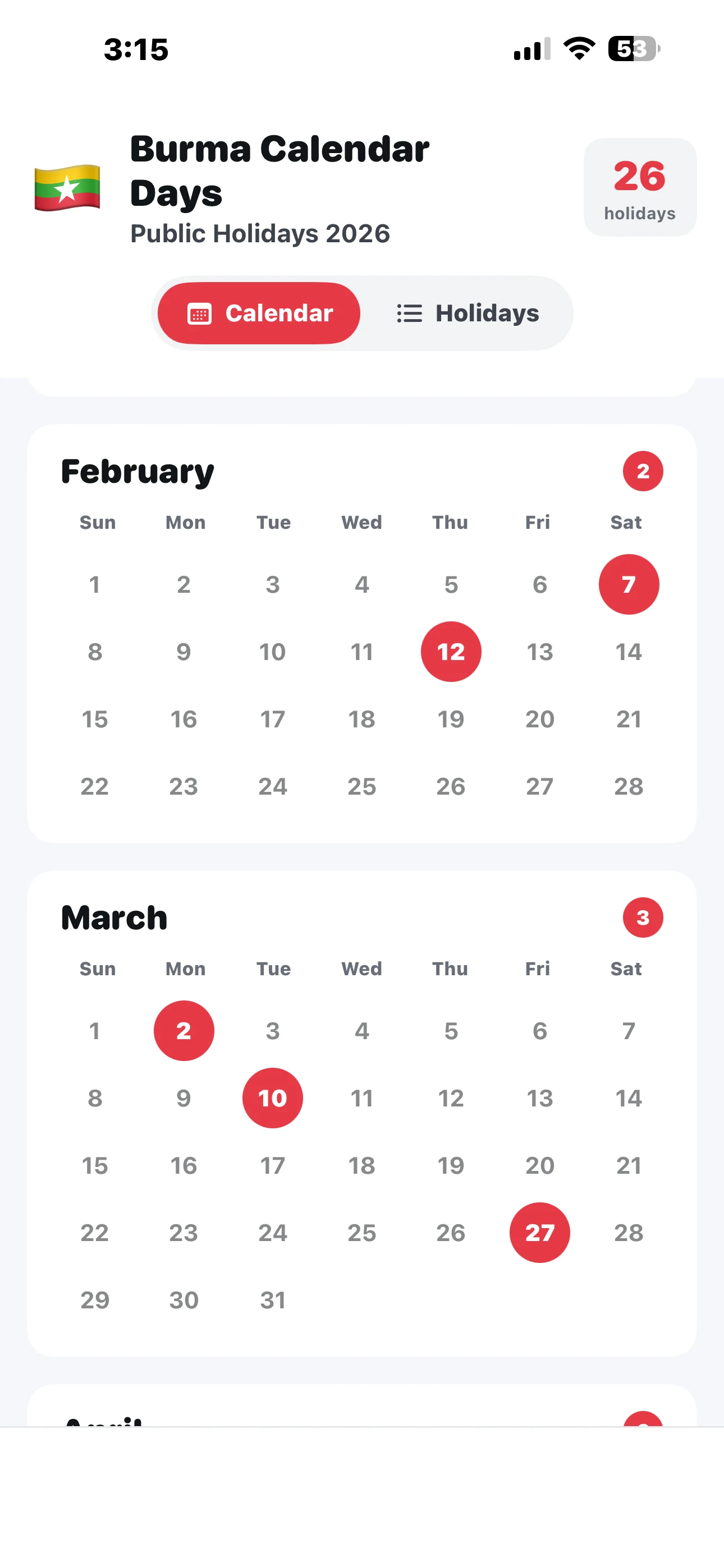 Calendar View - Light Mode