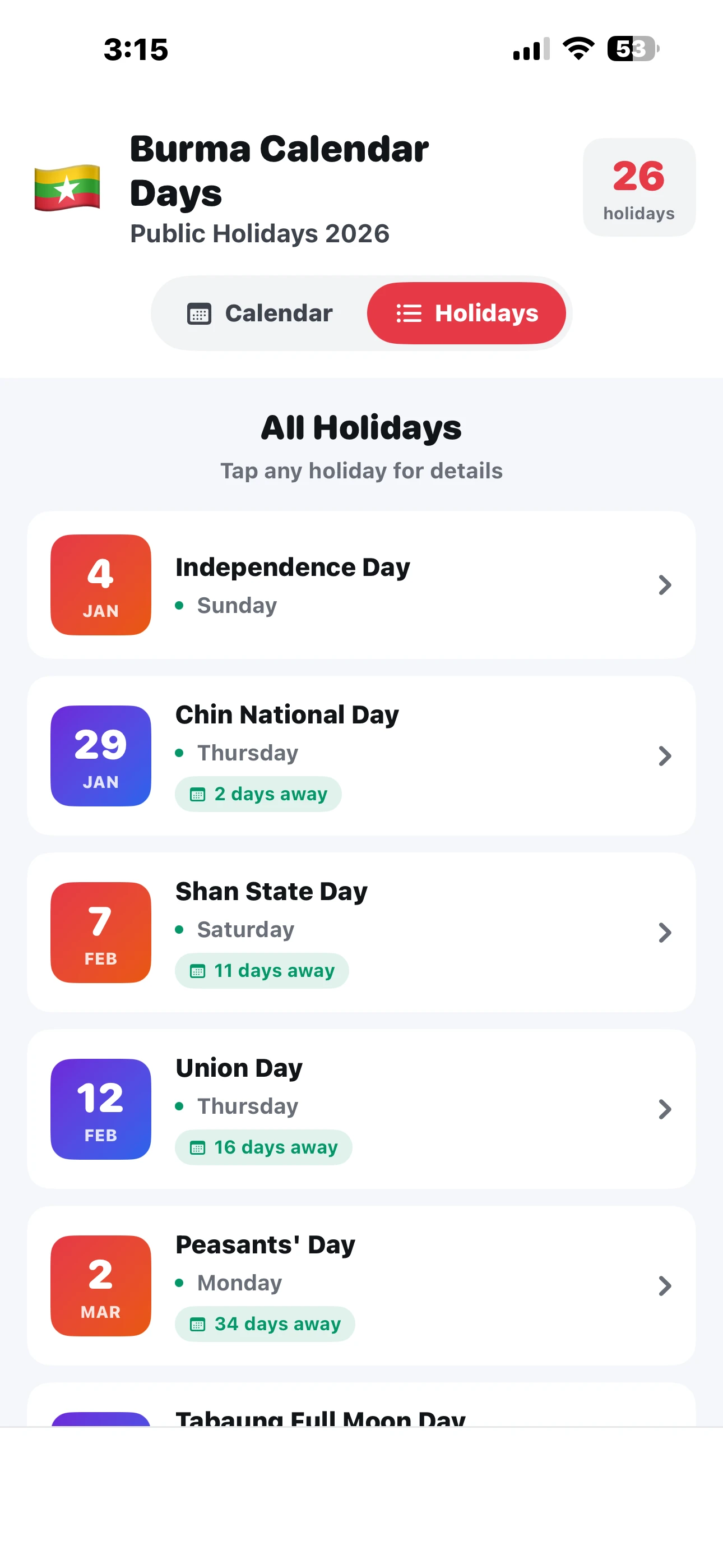 Holidays List with Countdown