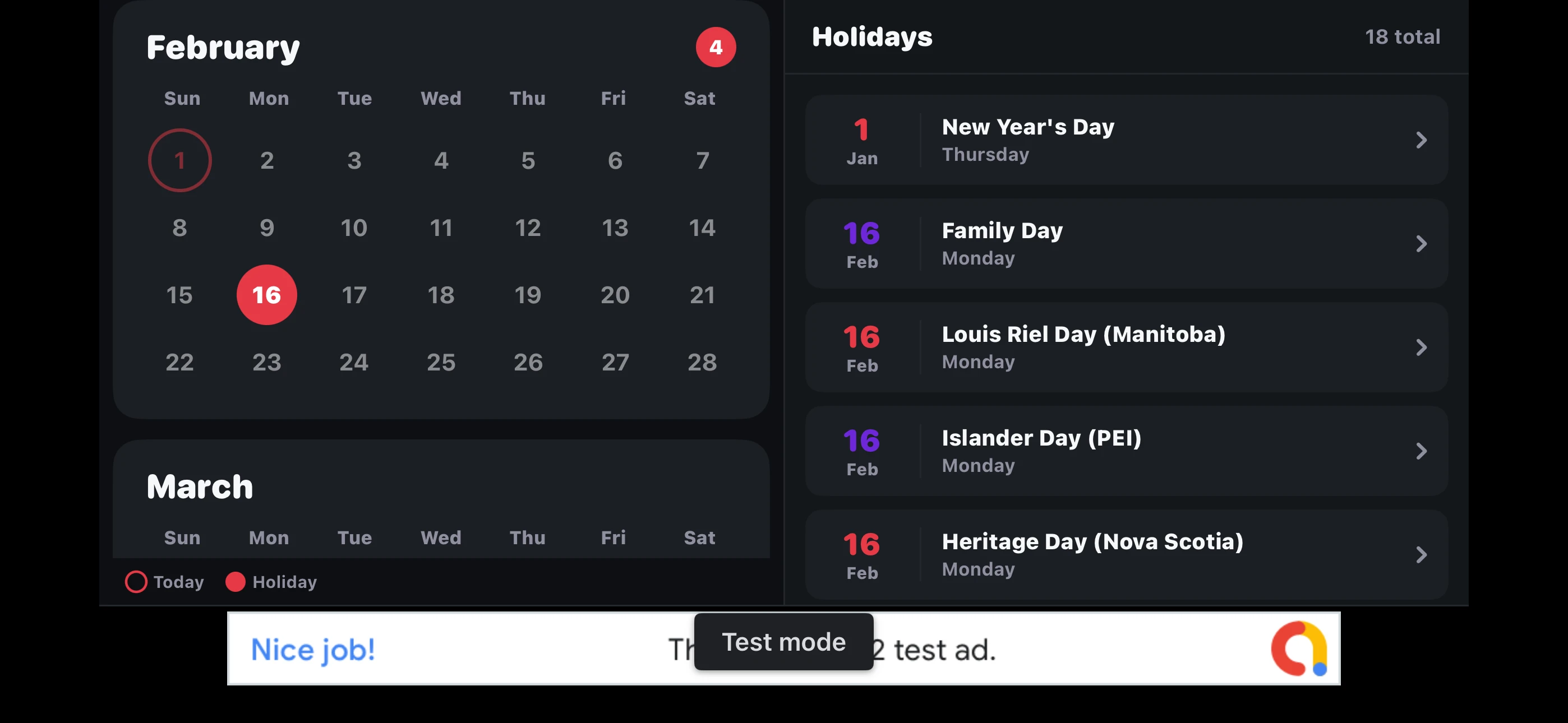 Calendar View - Dark Mode