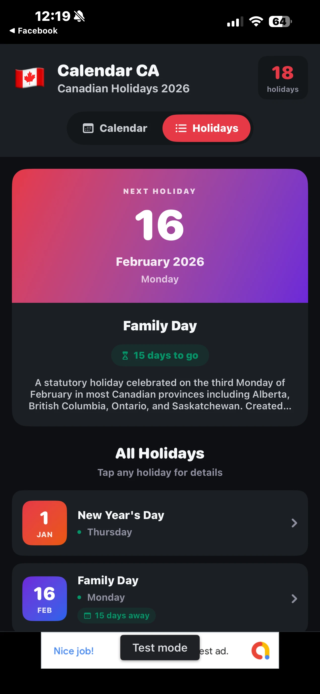Holidays List with Countdown
