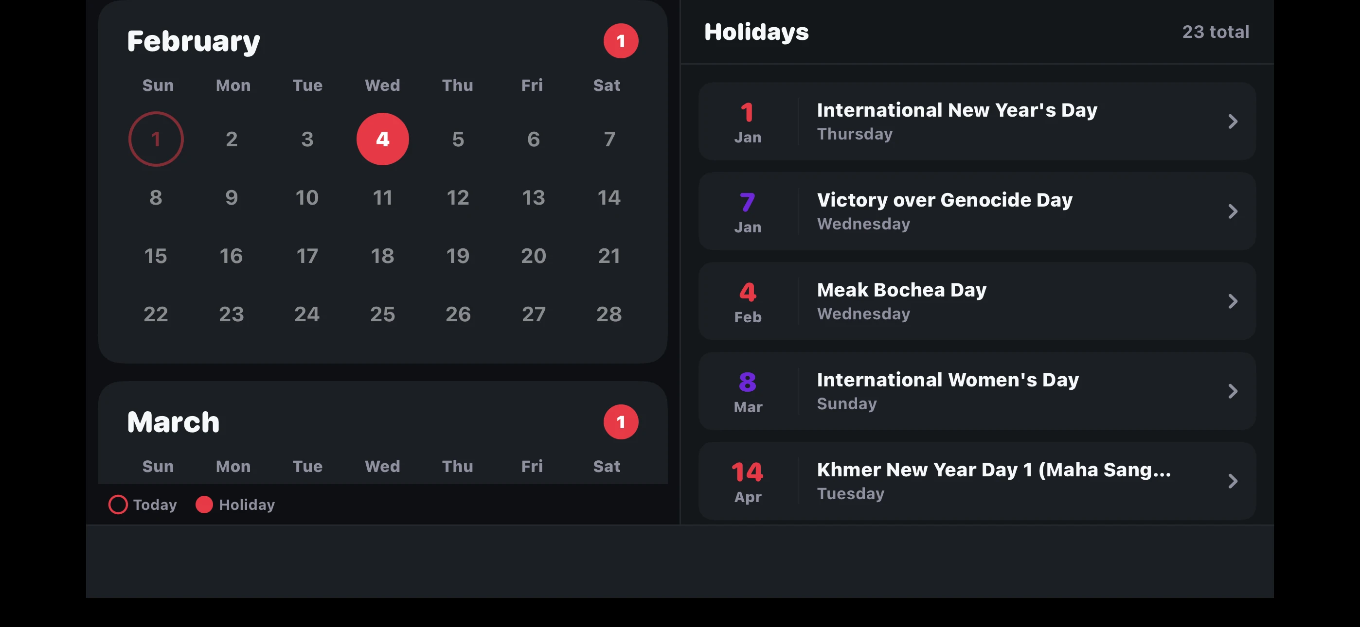 Calendar View - Dark Mode