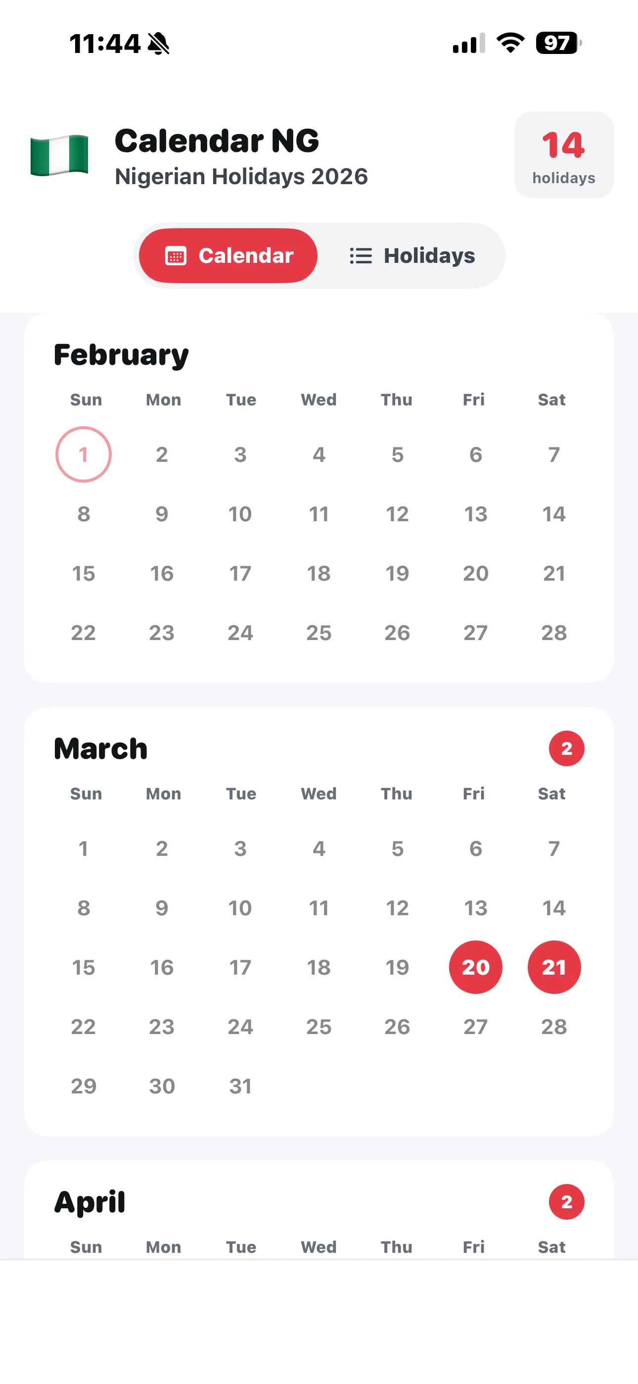 Calendar View - Light Mode