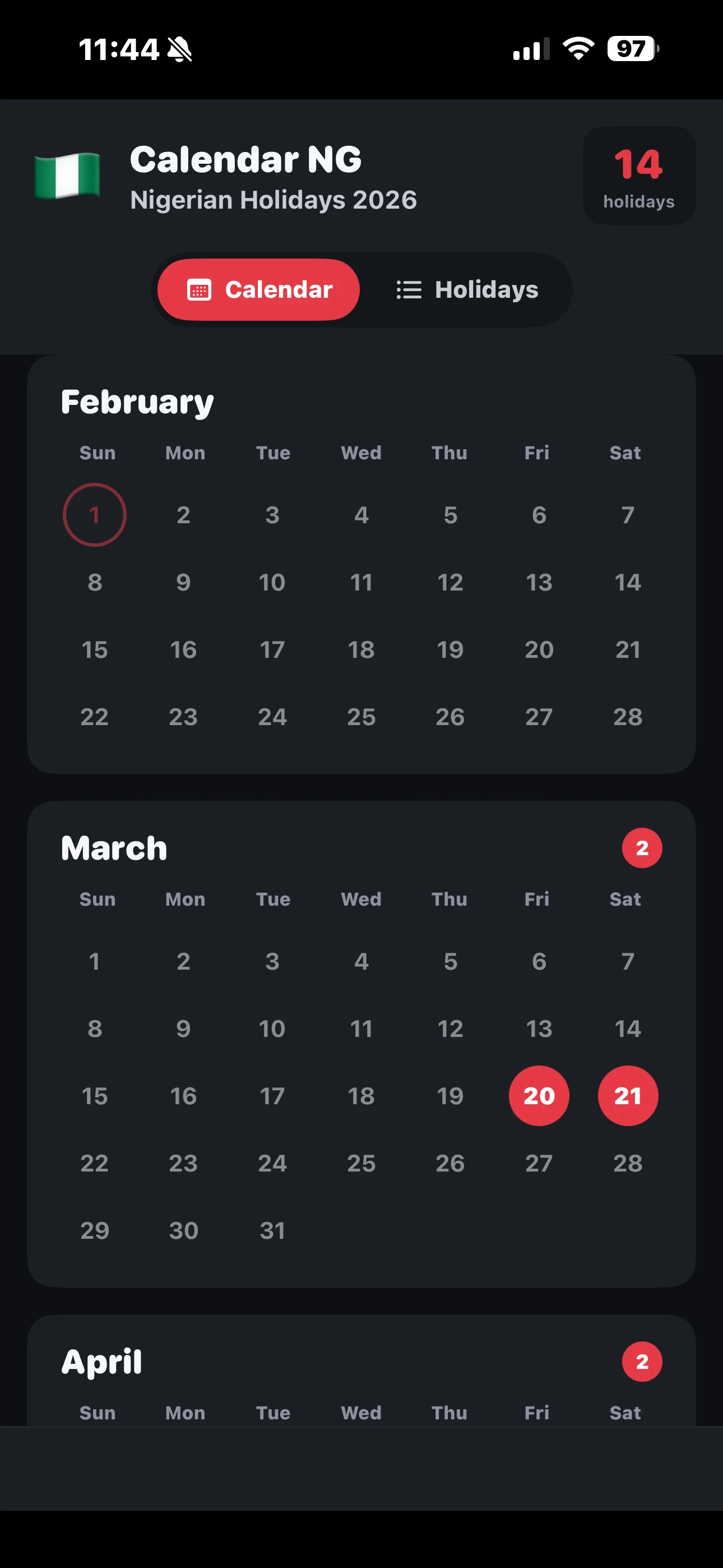 Calendar View - Dark Mode