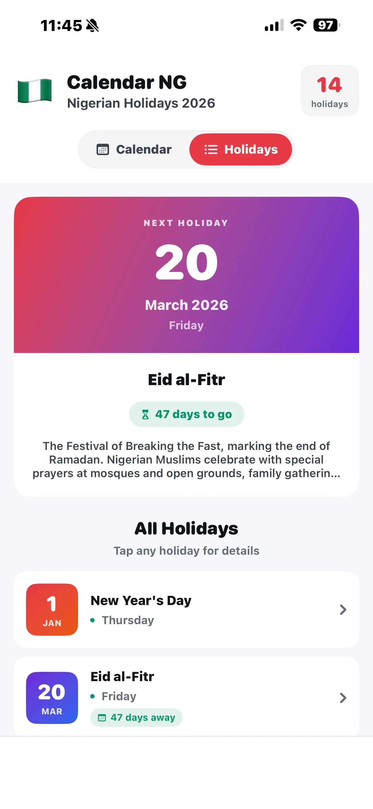 Holidays List with Countdown - Light Mode