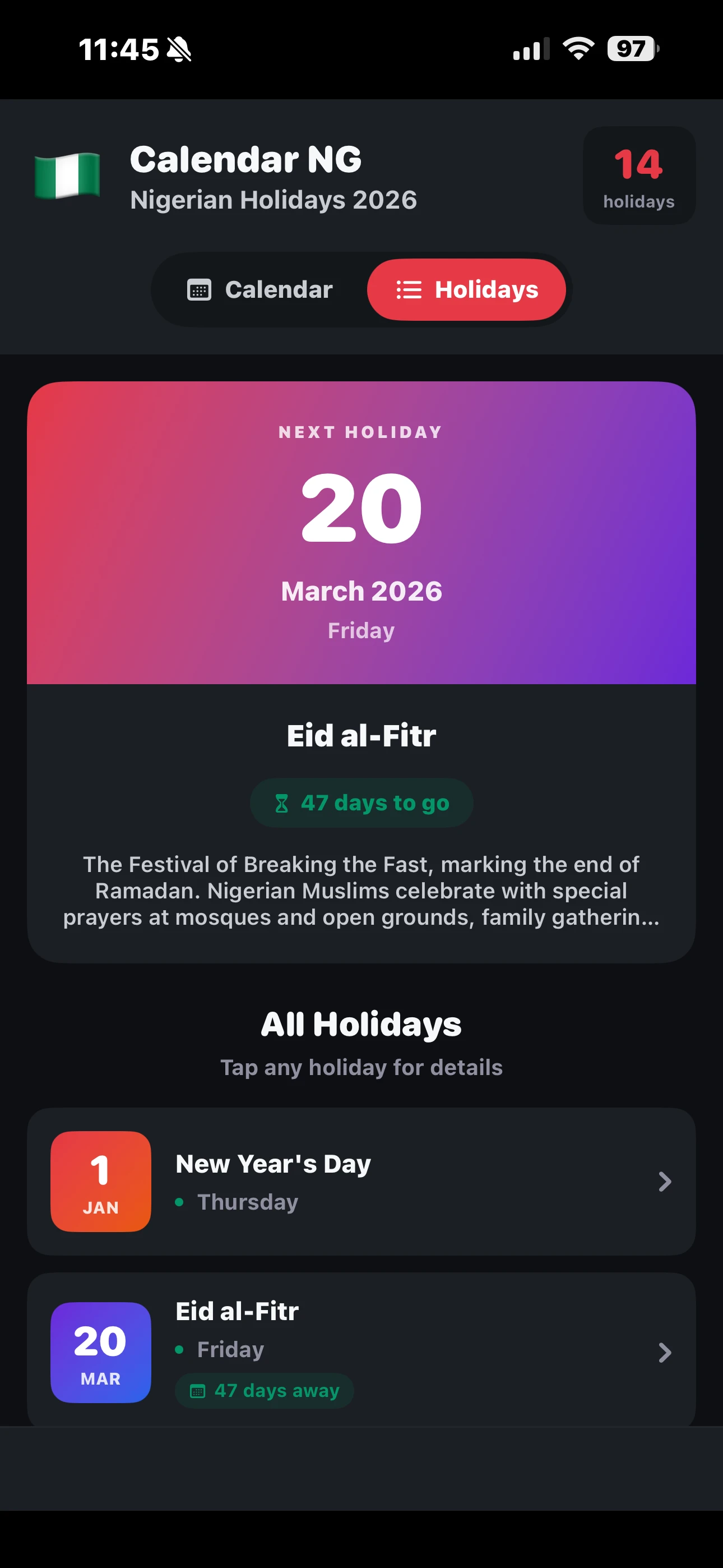 Holidays List with Countdown - Dark Mode